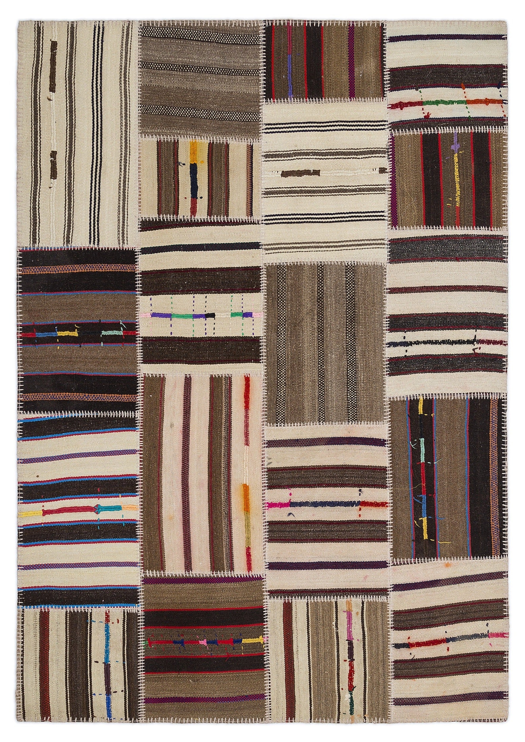 Teselya 2222 Beige Striped Wool Handmade Area Rug 5'3" x 7'7"