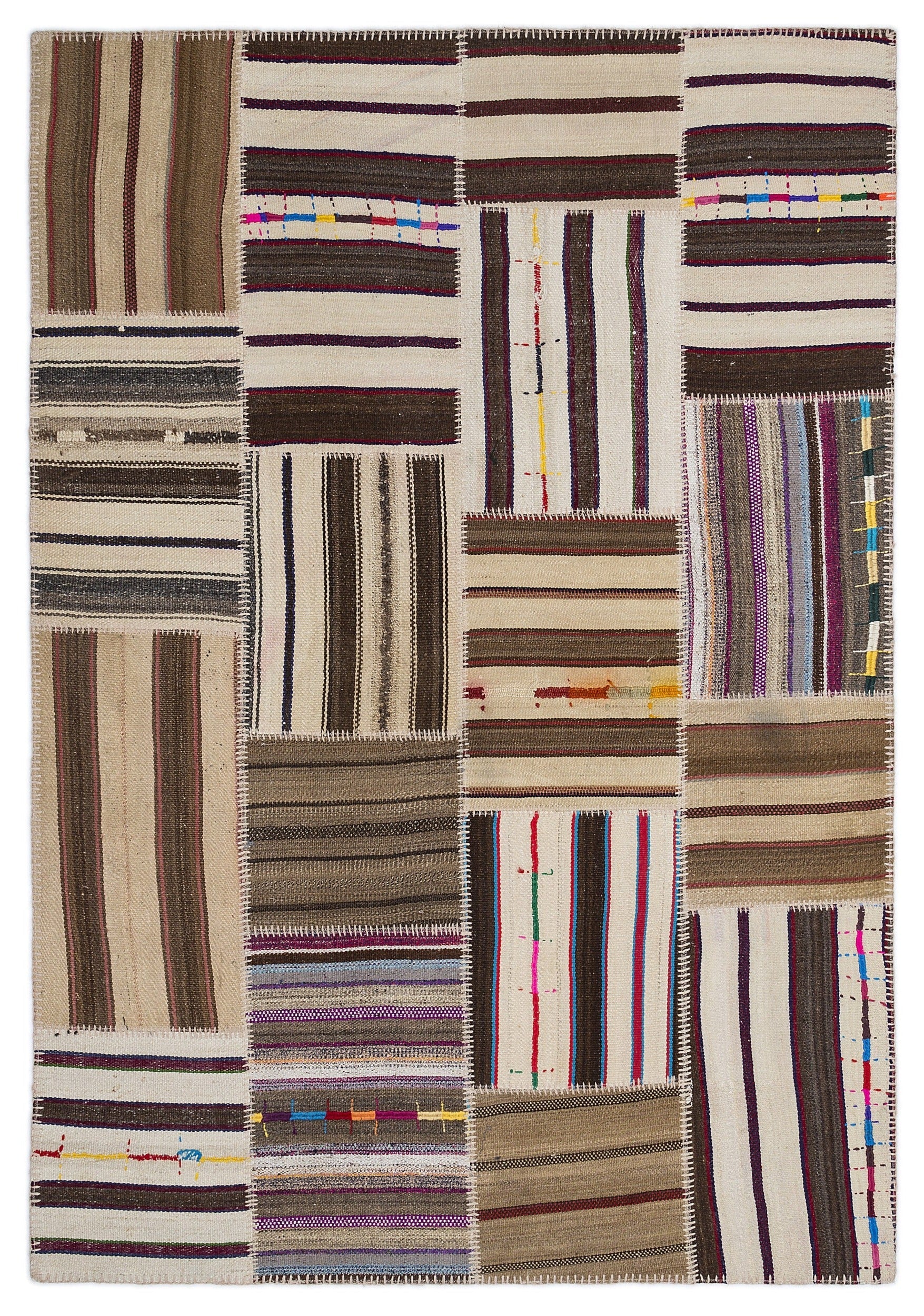 Teselya 2226 Beige Striped Wool Handmade Area Rug 5'3" x 7'7"