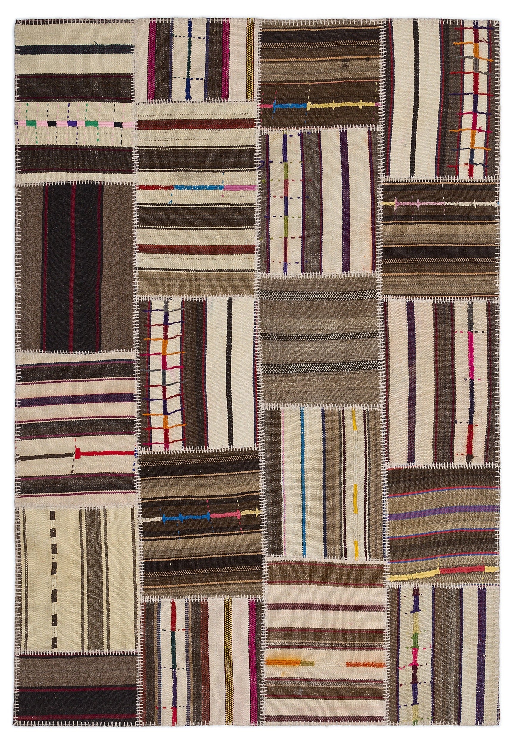 Teselya 2227 Beige Striped Wool Handmade Area Rug 5'3" x 7'7"