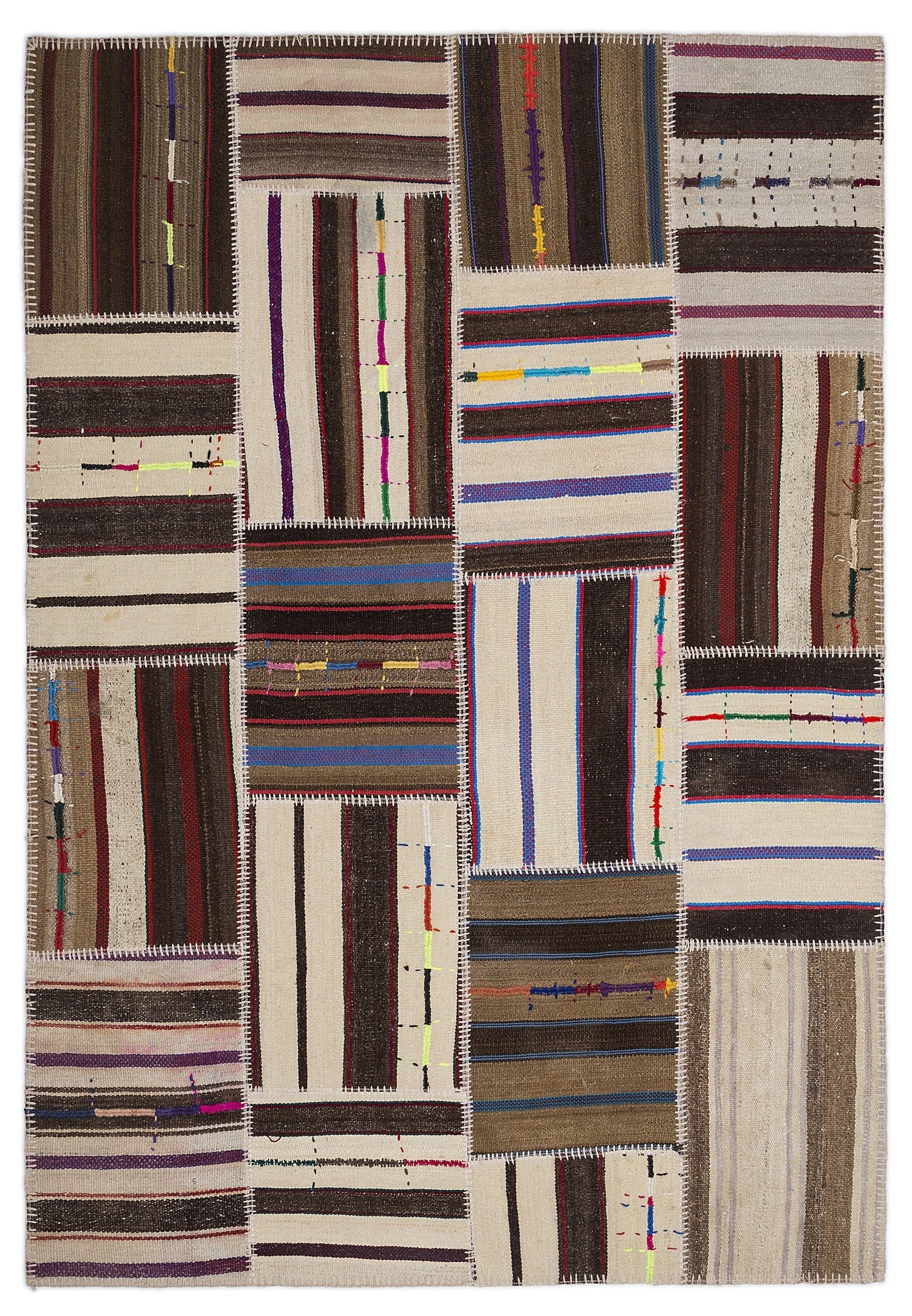 Teselya 2231 Beige Striped Wool Handmade Area Rug 5'3" x 7'7"