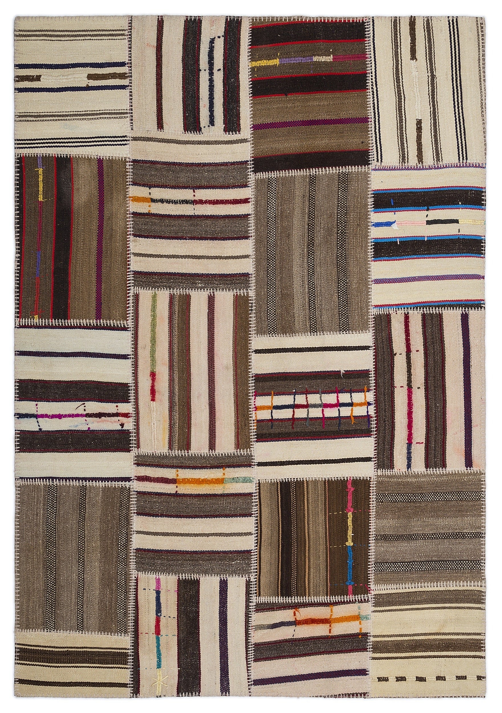 Teselya 2232 Beige Striped Wool Handmade Area Rug 5'3" x 7'7"