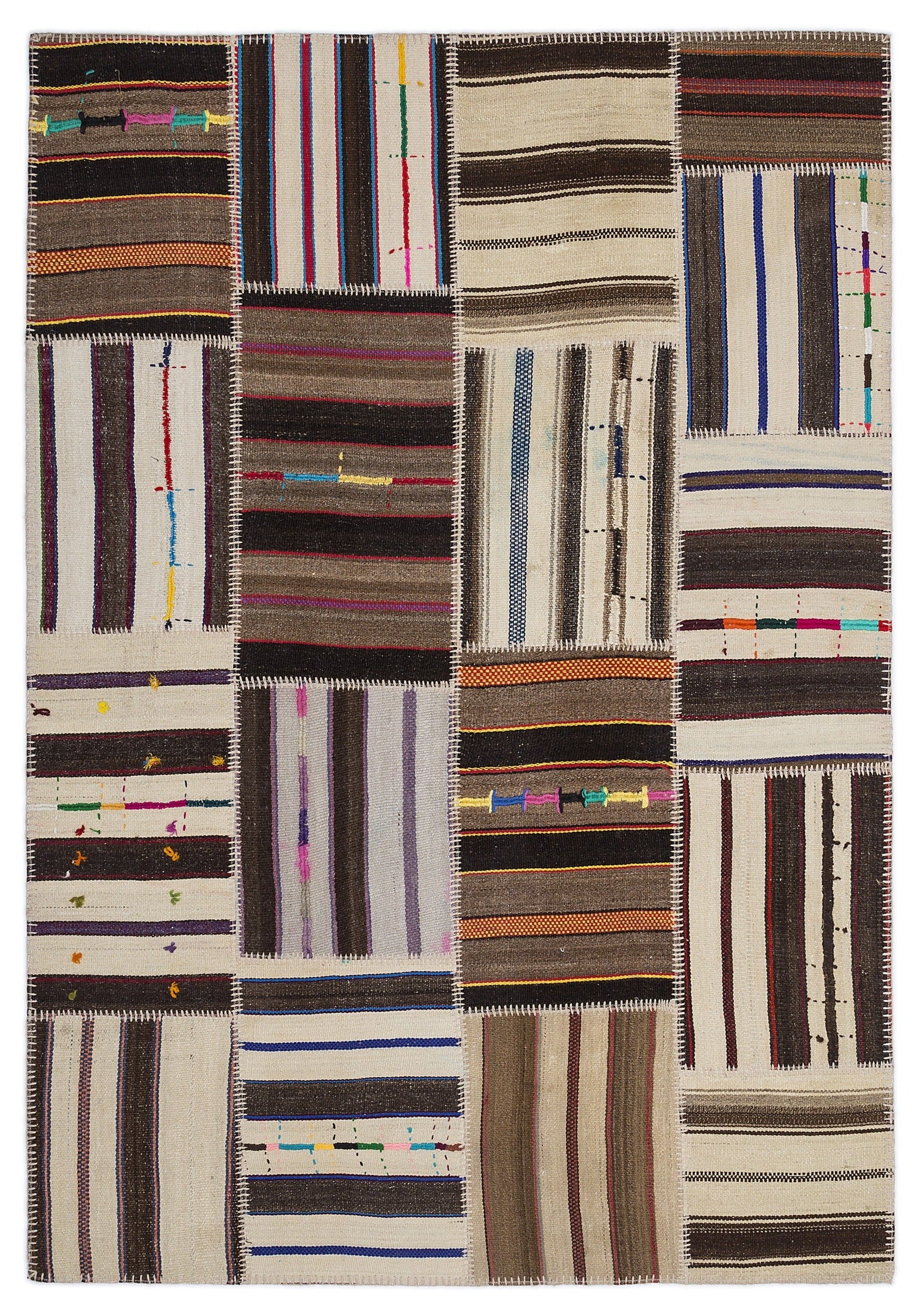 Teselya 2233 Beige Striped Wool Handmade Area Rug 5'3" x 7'7"