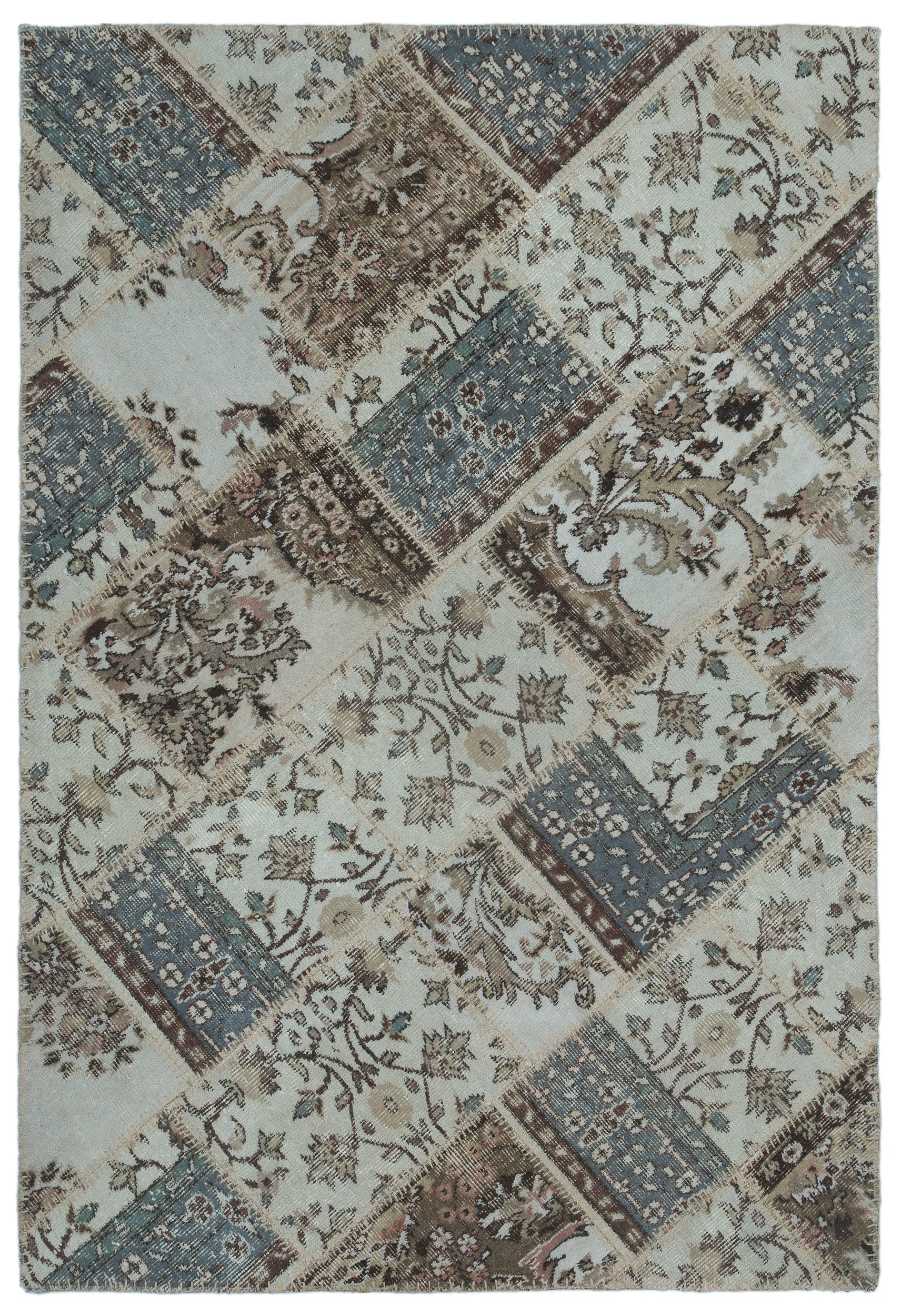 Iskece 22355 Beige Patchwork Wool Handmade Area Rug 3'11" x 5'11"
