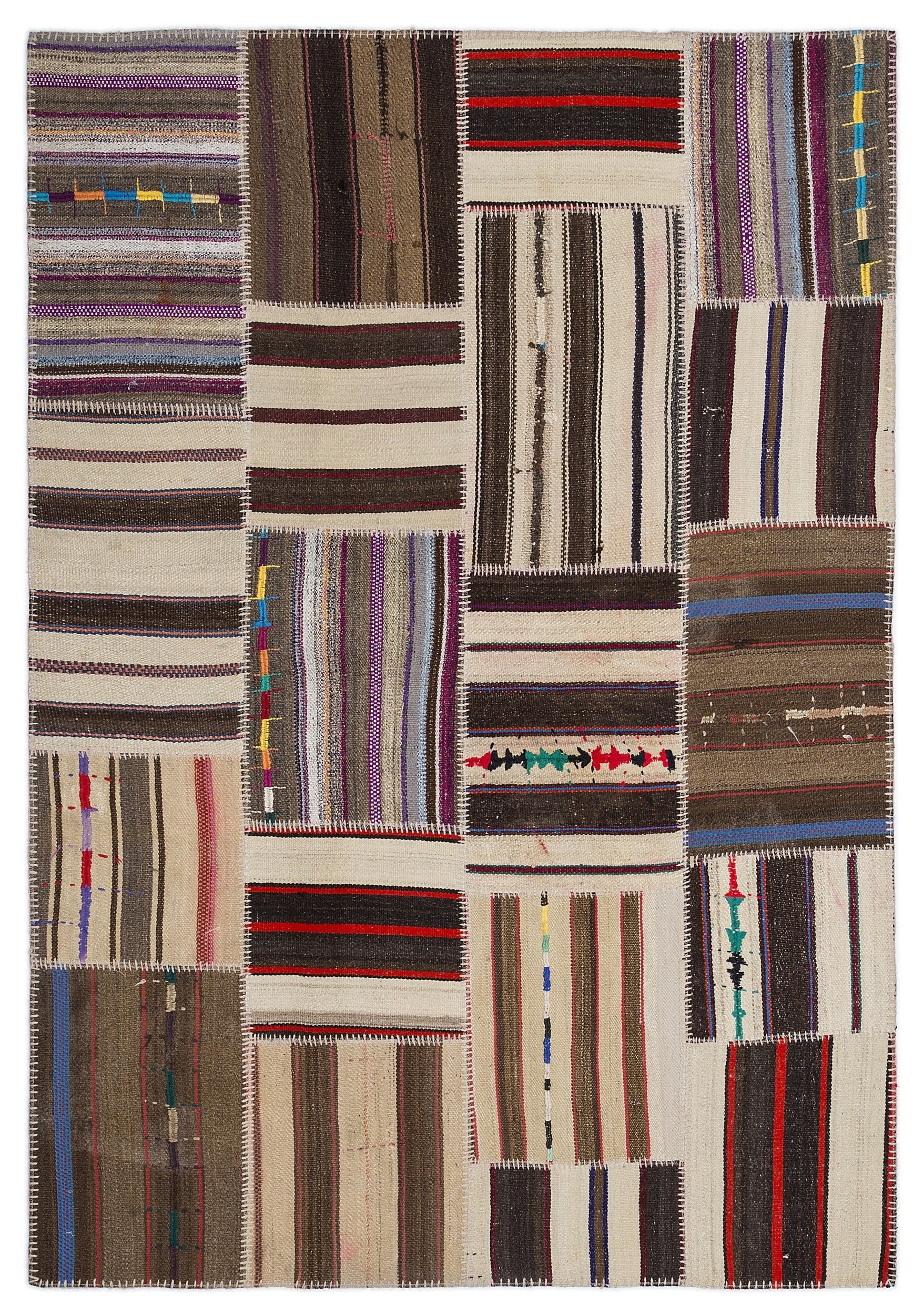 Teselya 2235 Beige Striped Wool Handmade Area Rug 5'3" x 7'7"