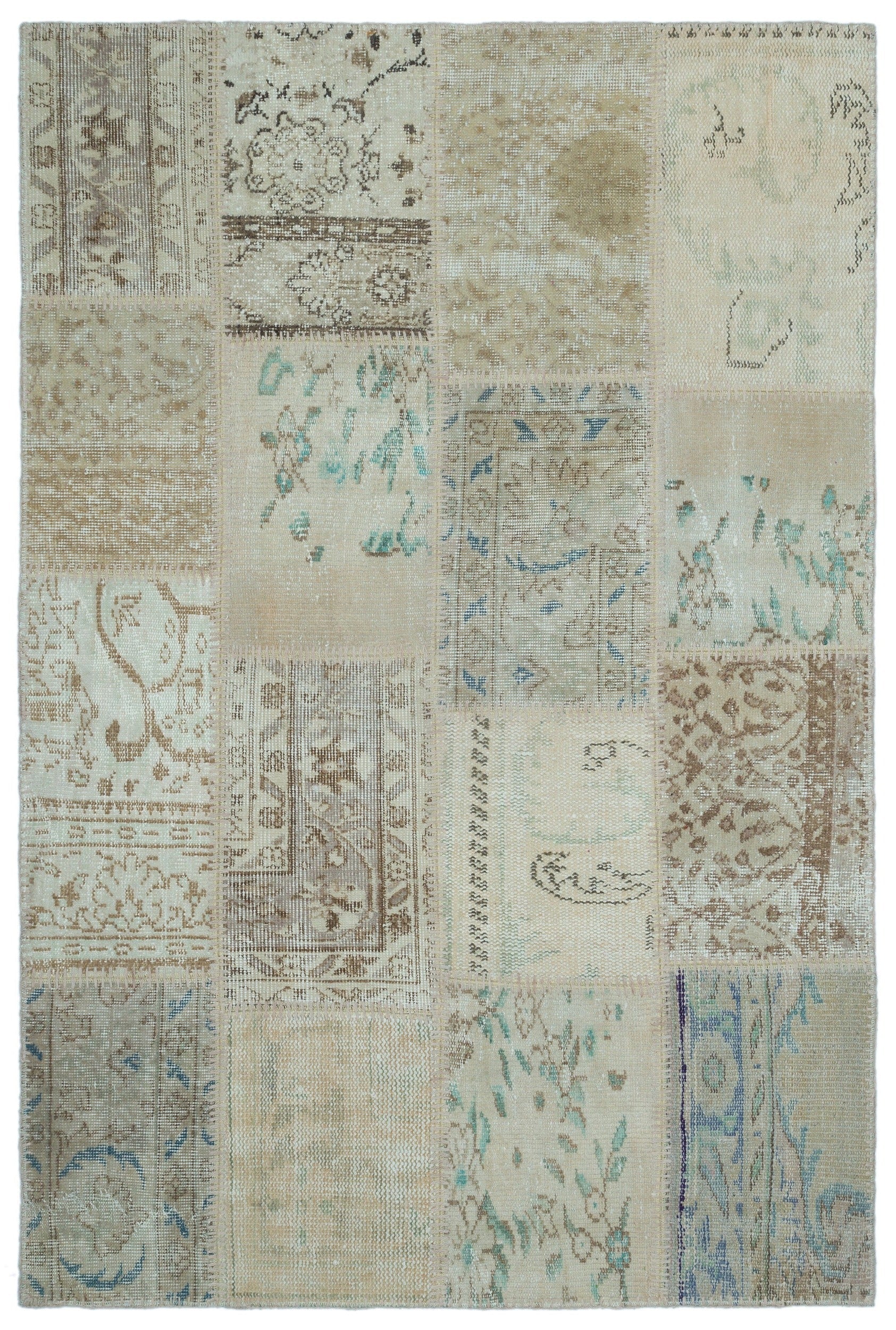 Iskece 22375 Beige Patchwork Wool Handmade Area Rug 3'11" x 5'11"