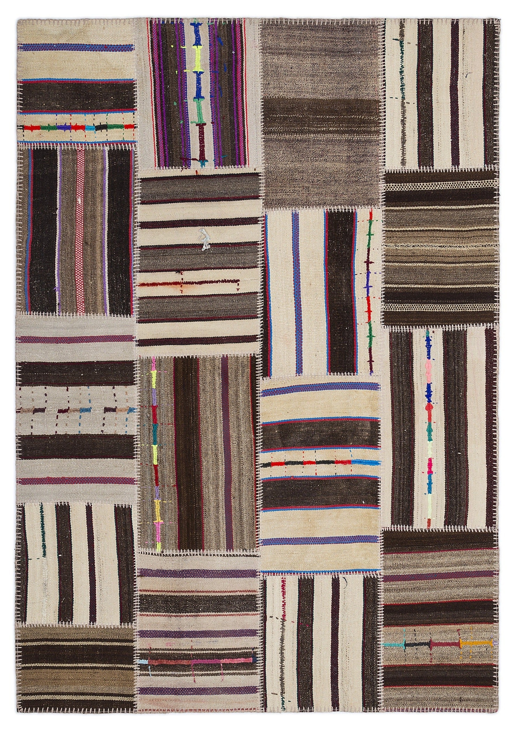 Teselya 2237 Beige Striped Wool Handmade Area Rug 5'3" x 7'7"