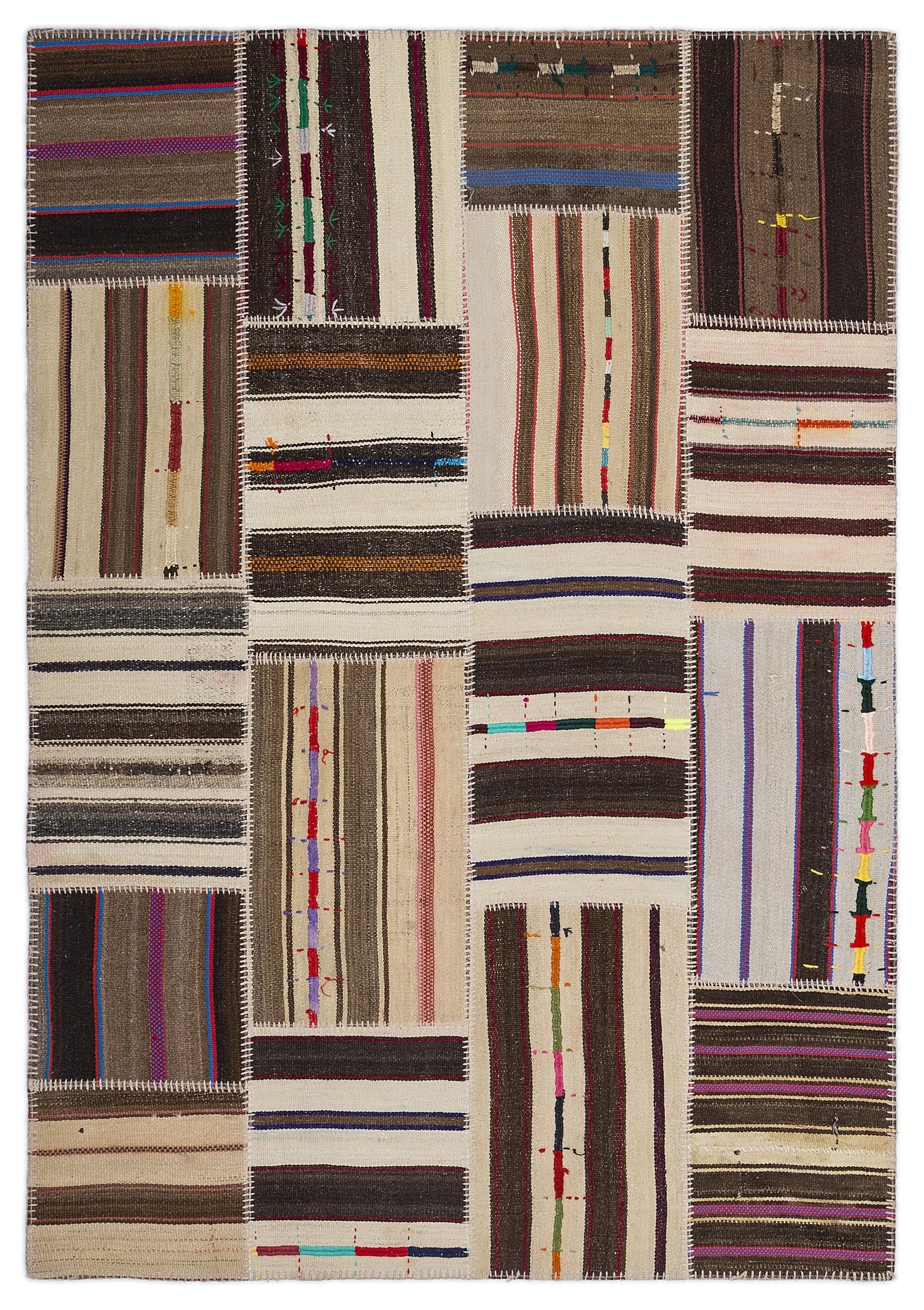 Teselya 2238 Beige Striped Wool Handmade Area Rug 5'3" x 7'7"