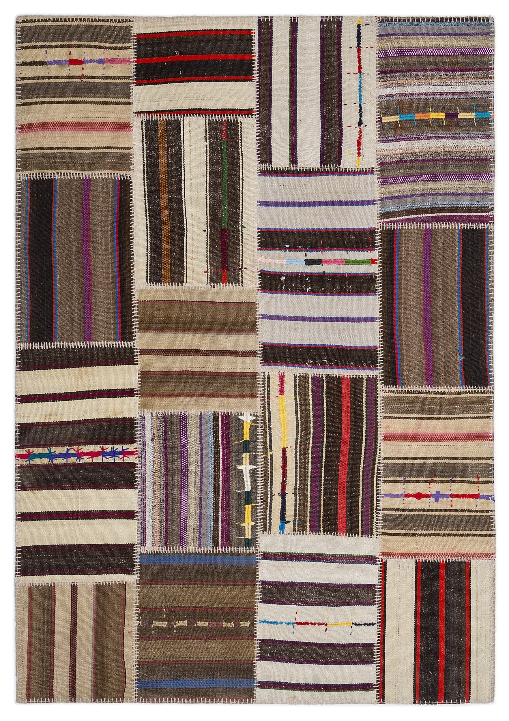 Teselya 2239 Beige Striped Wool Handmade Area Rug 5'3" x 7'7"