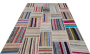 Teselya Beige Striped Wool Handmade Area Rug 6'7" x 8'6"