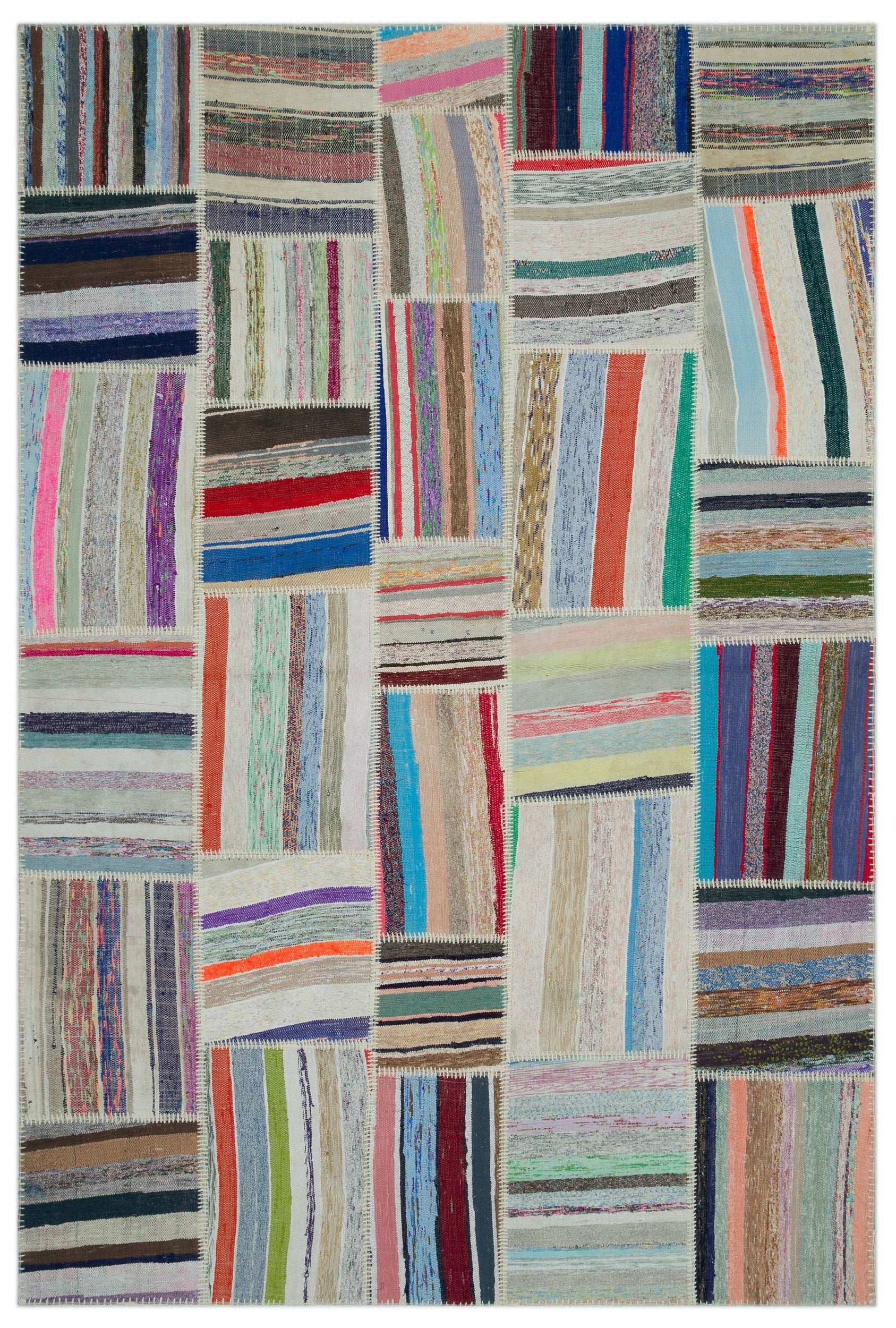 Teselya Beige Striped Wool Handmade Area Rug 6'1" x 9'1"