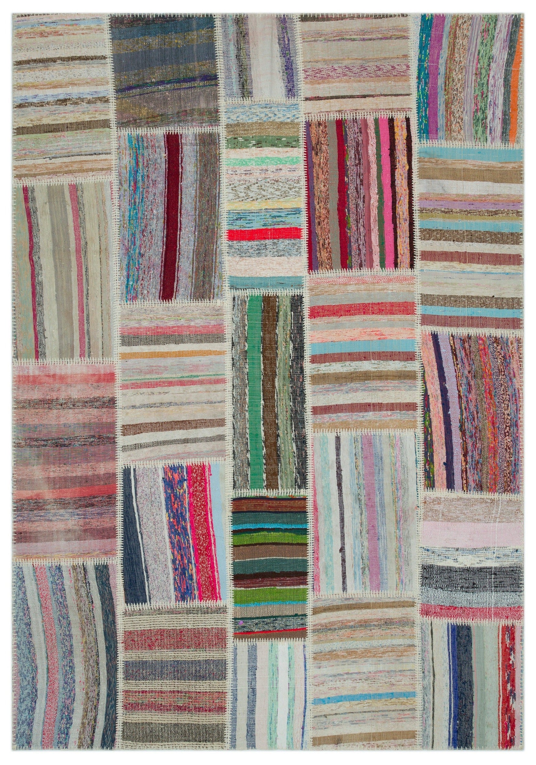 Teselya Beige Striped Wool Handmade Area Rug 6'3" x 8'10"