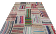 Teselya Beige Striped Wool Handmade Area Rug 6'3" x 8'10"