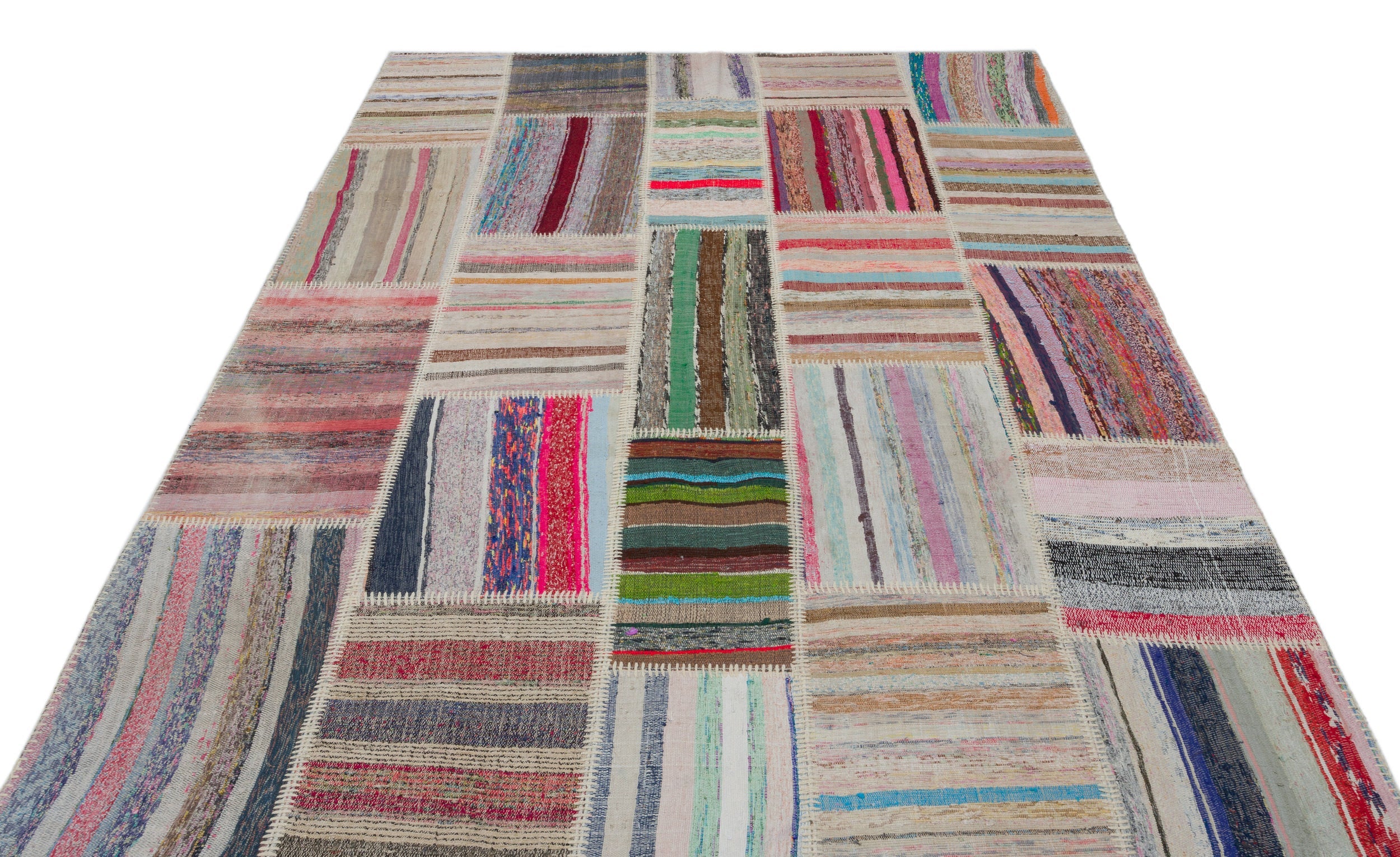 Teselya Beige Striped Wool Handmade Area Rug 6'3" x 8'10"