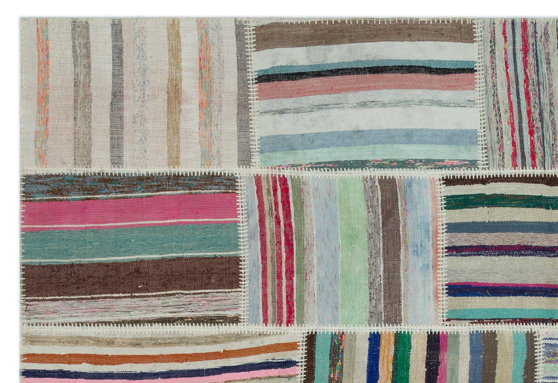 Teselya Beige Striped Wool Handmade Area Rug 6'3" x 9'1"