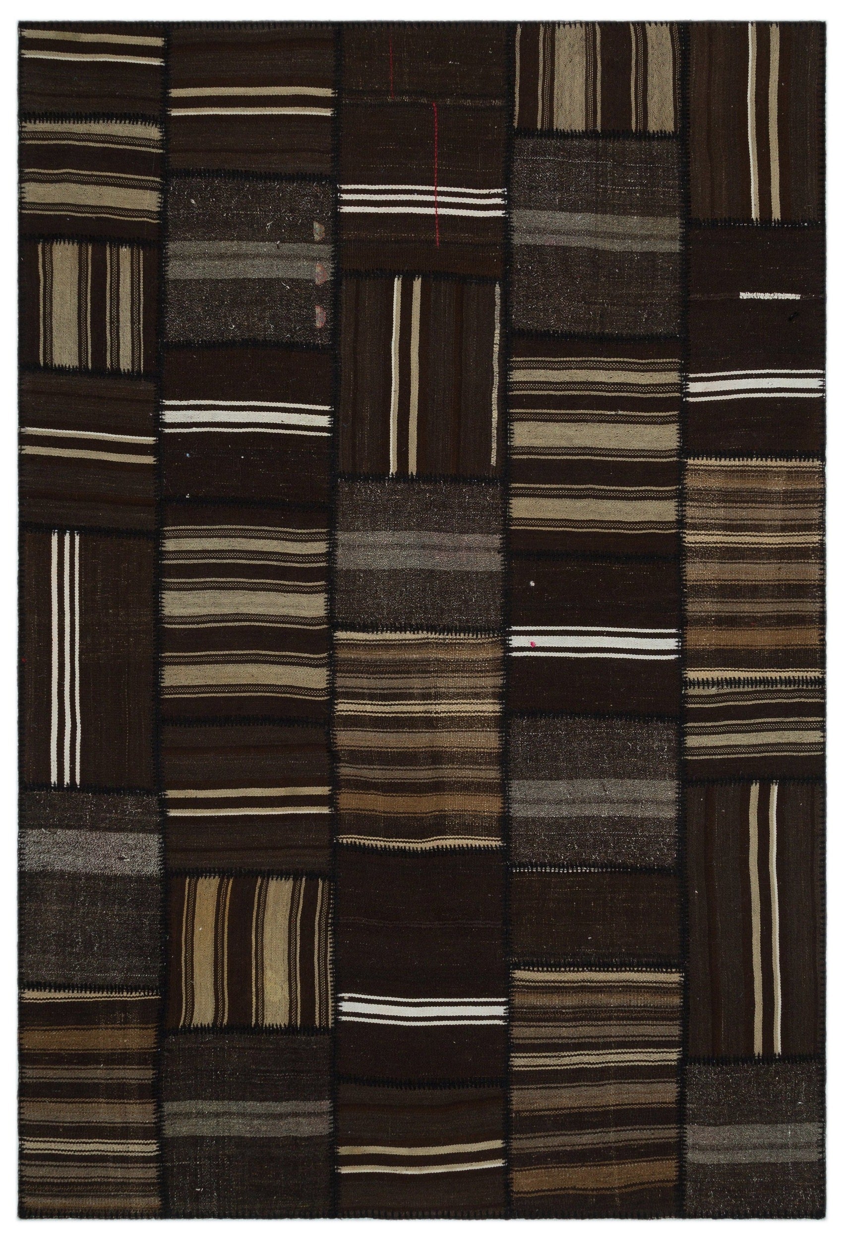 Teselya Beige Striped Wool Handmade Area Rug 6'7" x 9'9"