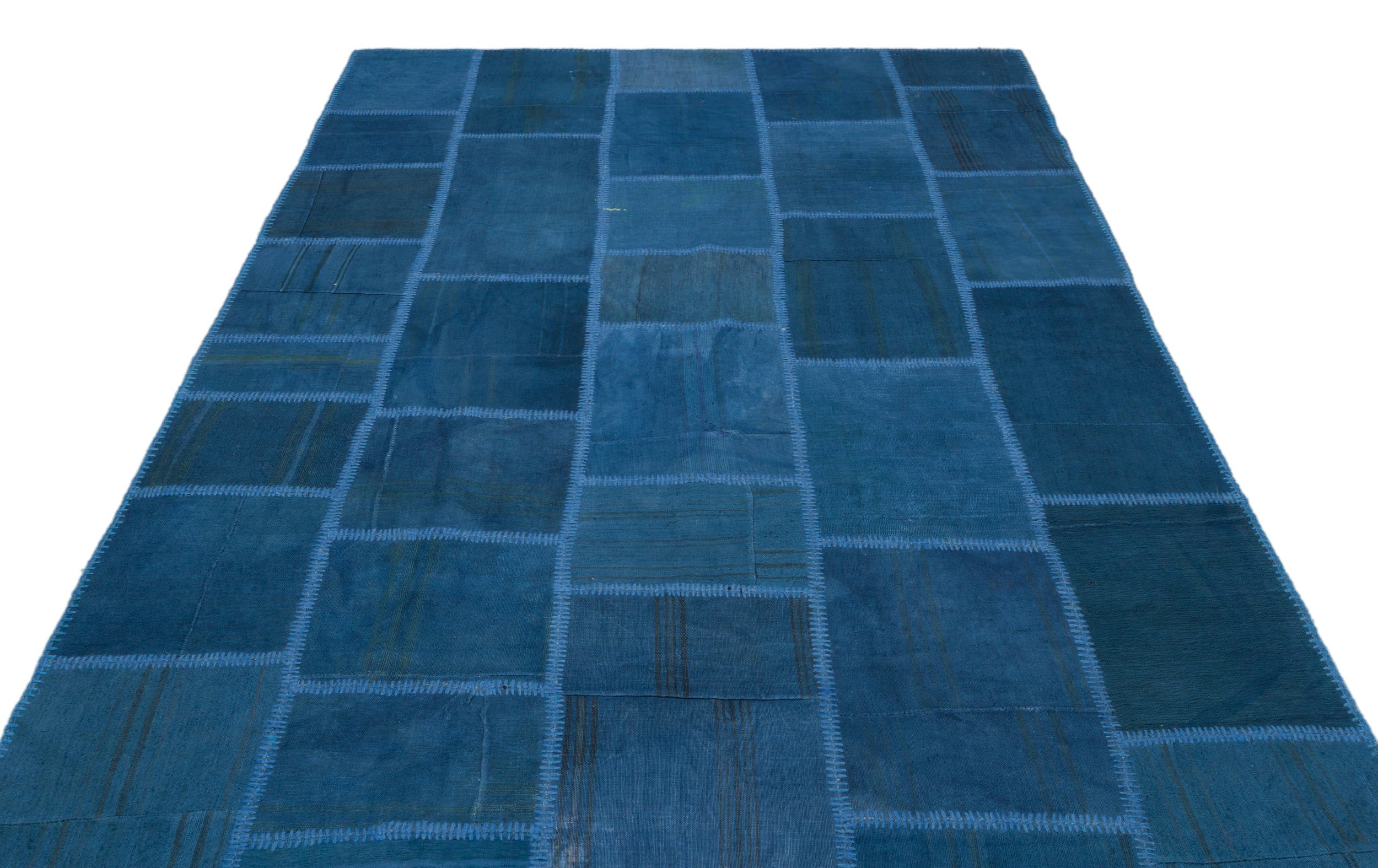 Teselya Blue Patchwork Wool Handmade Area Rug 6'4" x 9'9"