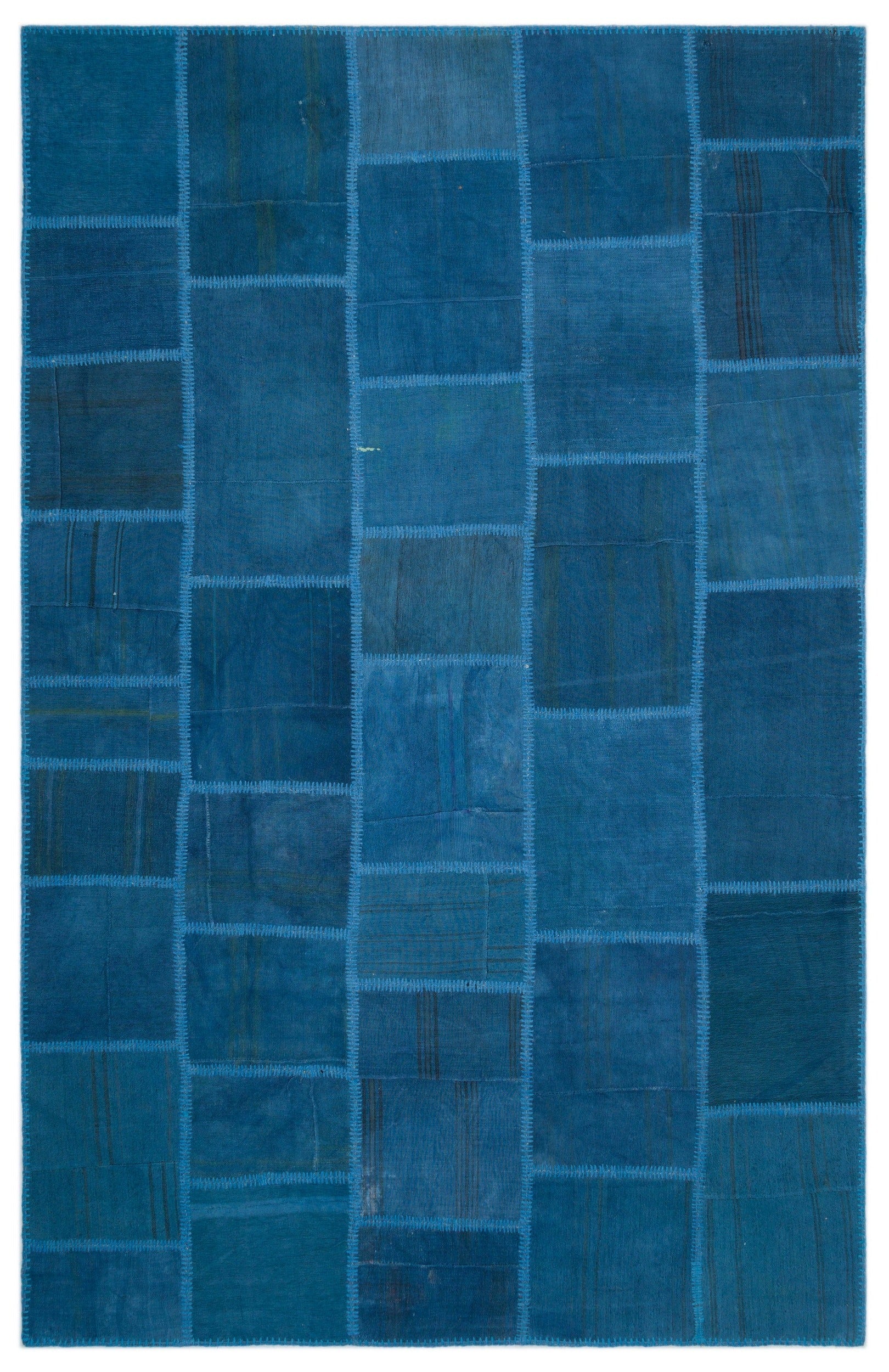 Teselya Blue Patchwork Wool Handmade Area Rug 6'4" x 9'9"