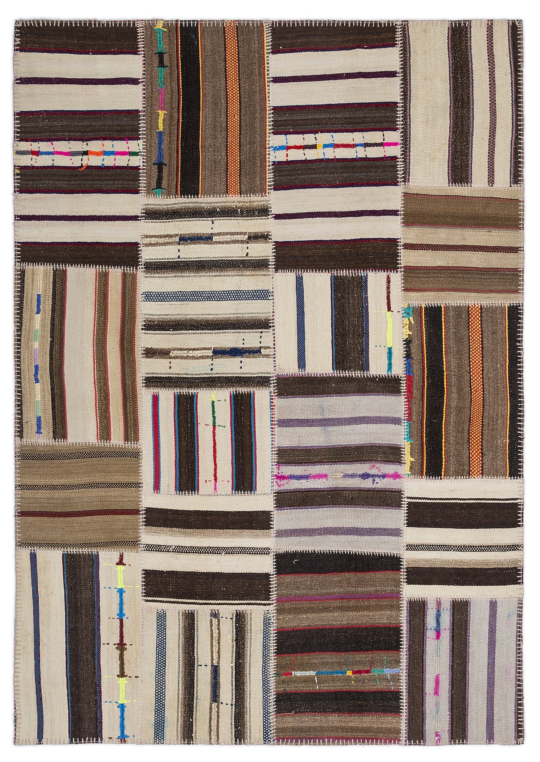 Teselya 2245 Beige Striped Wool Handmade Area Rug 5'3" x 7'7"