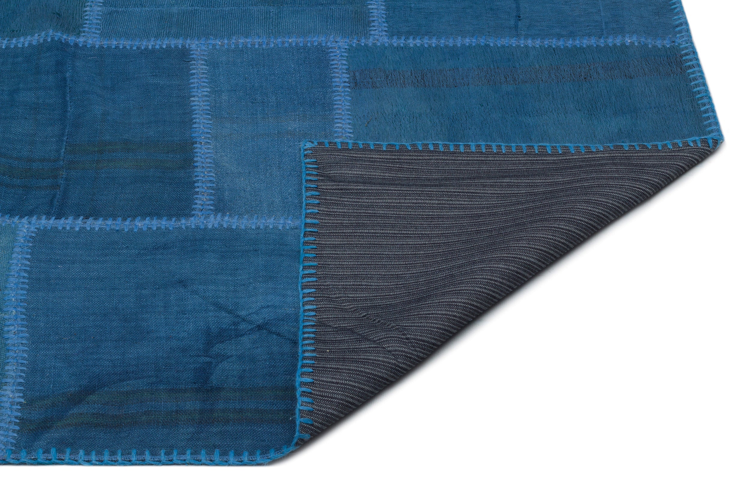 Teselya Blue Patchwork Wool Handmade Area Rug 6'1" x 9'11"