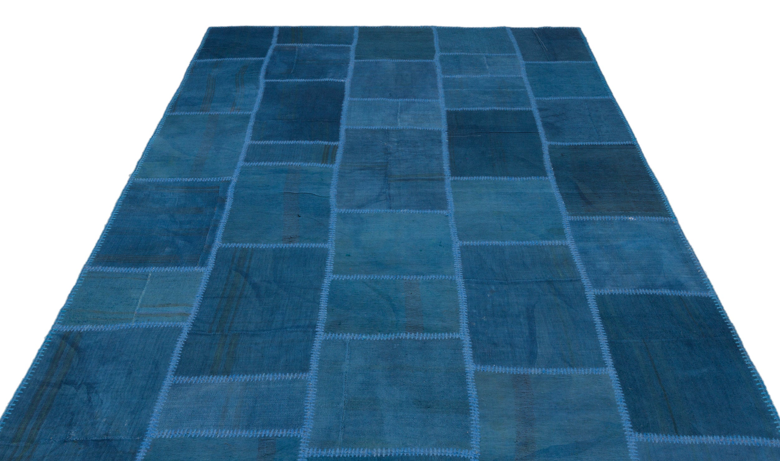 Teselya Blue Patchwork Wool Handmade Area Rug 6'1" x 9'11"