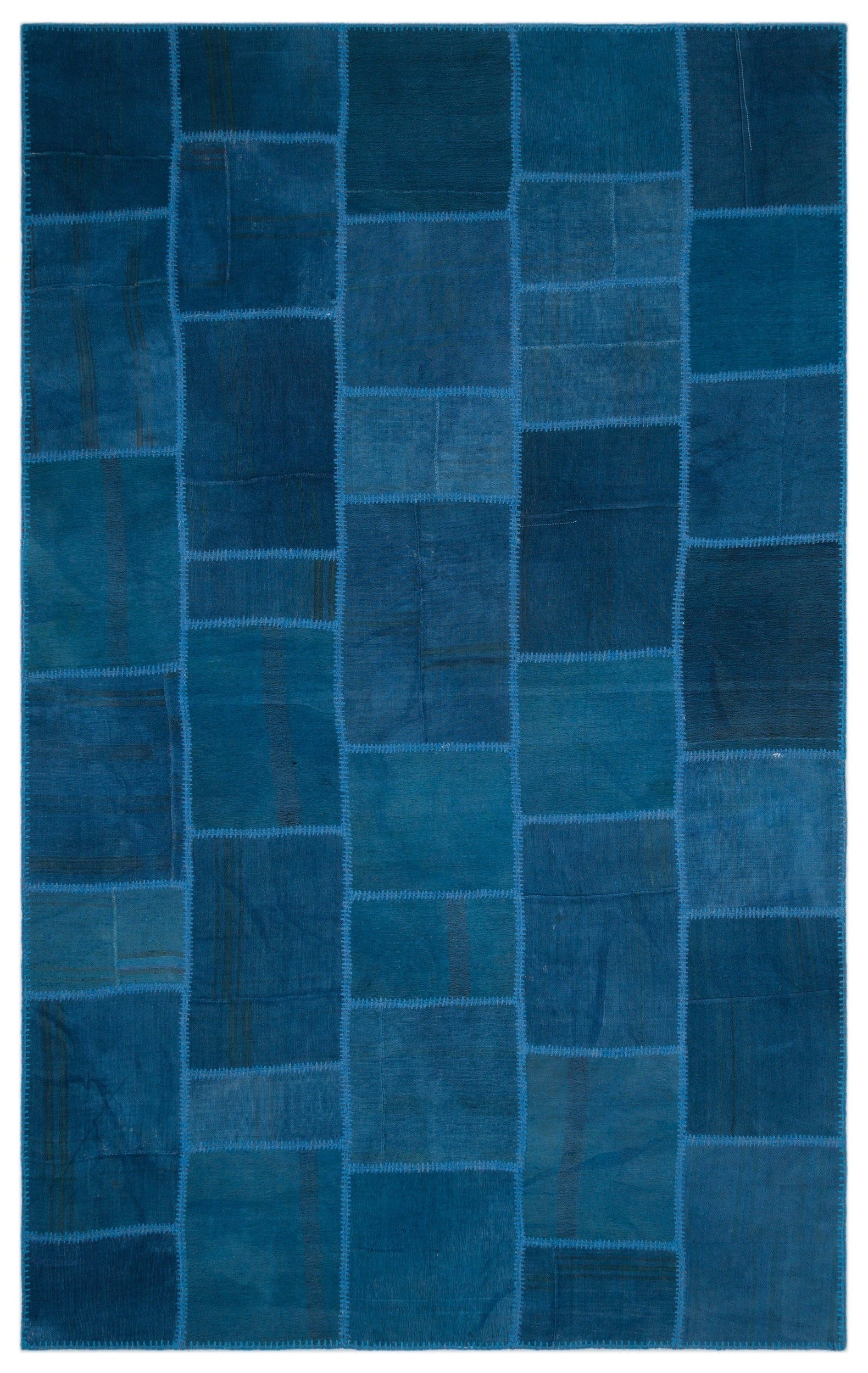 Teselya Blue Patchwork Wool Handmade Area Rug 6'1" x 9'11"