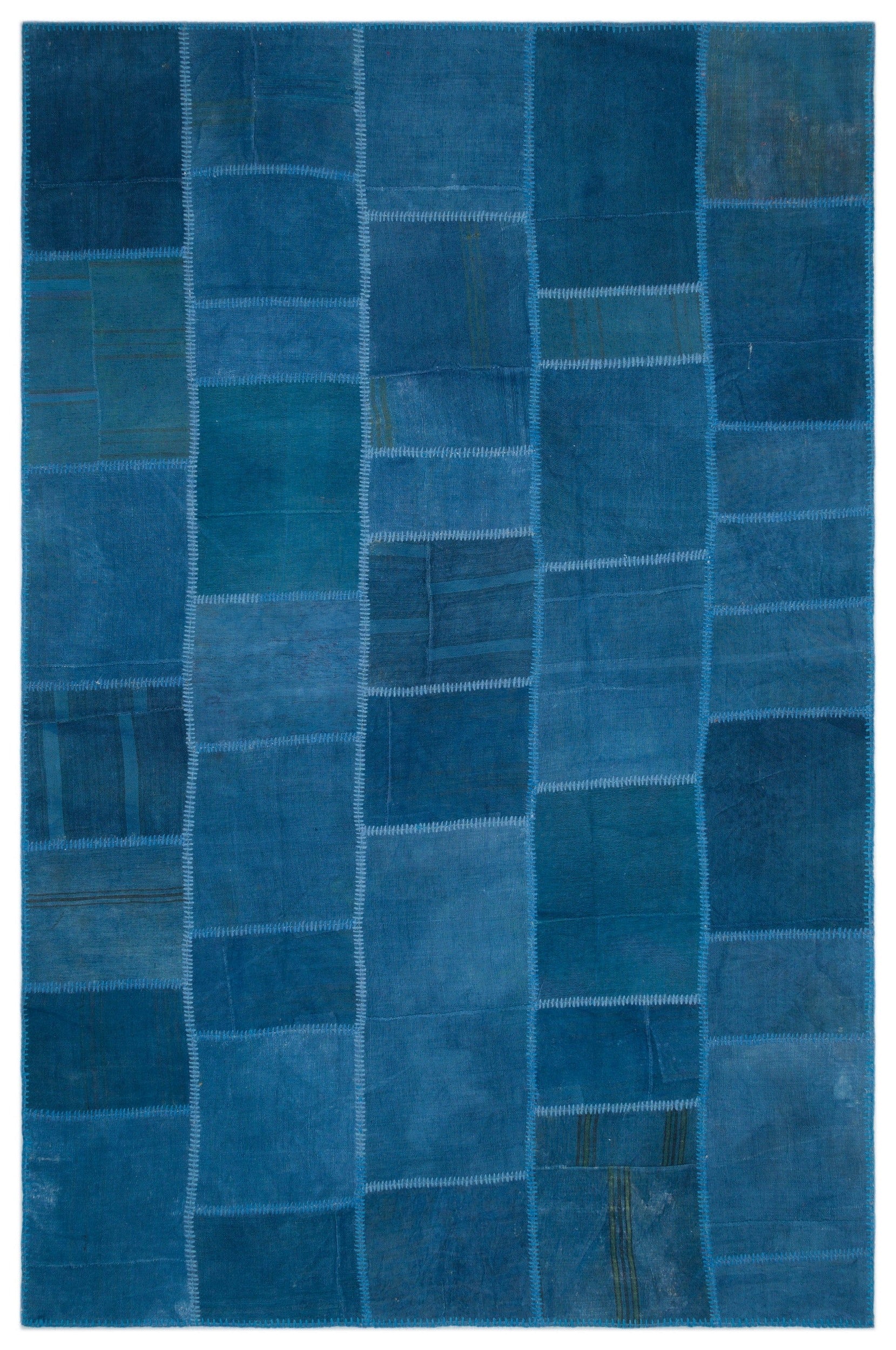 Teselya Blue Patchwork Wool Handmade Area Rug 6'6" x 9'9"