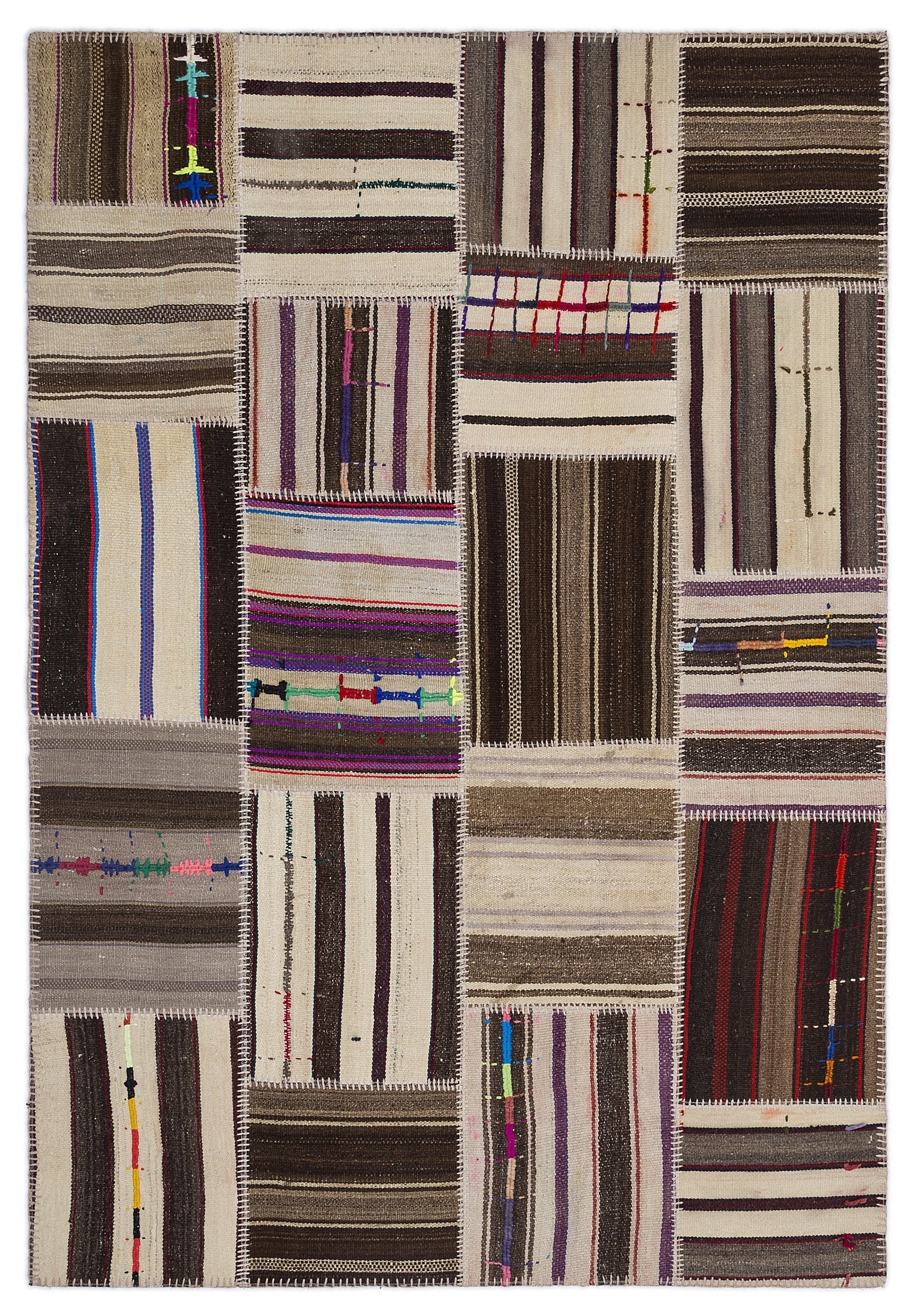 Teselya 2248 Beige Striped Wool Handmade Area Rug 5'3" x 7'7"