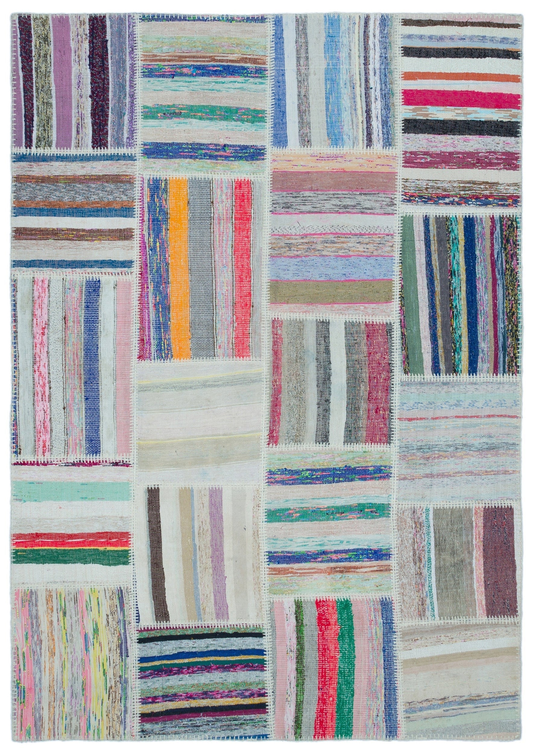 Teselya 22502 Beige Striped Wool Handmade Area Rug 5'3" x 7'7"