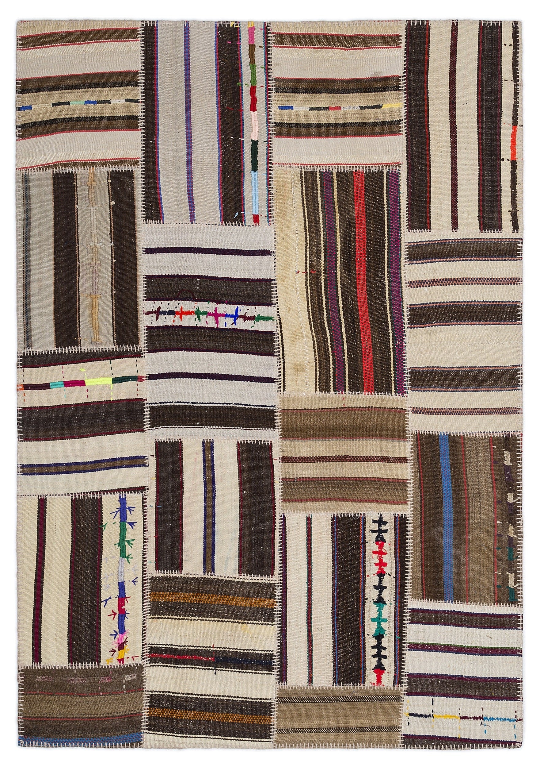 Teselya 2252 Patchwork Striped Wool Handmade Area Rug 5'3" x 7'7"