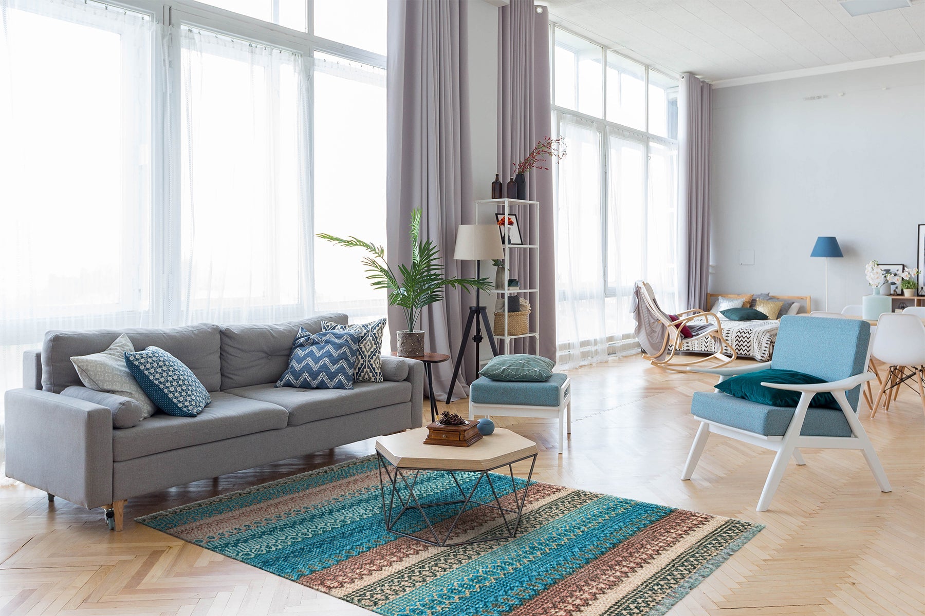 Blue Striped Cotton Rug - Washable Non Slip Area Rug With Fringed Edges