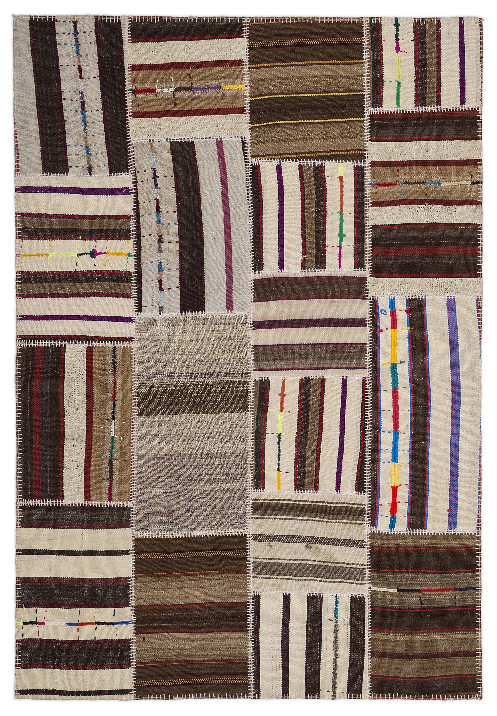Teselya 2254 Beige Striped Wool Handmade Area Rug 5'3" x 7'7"