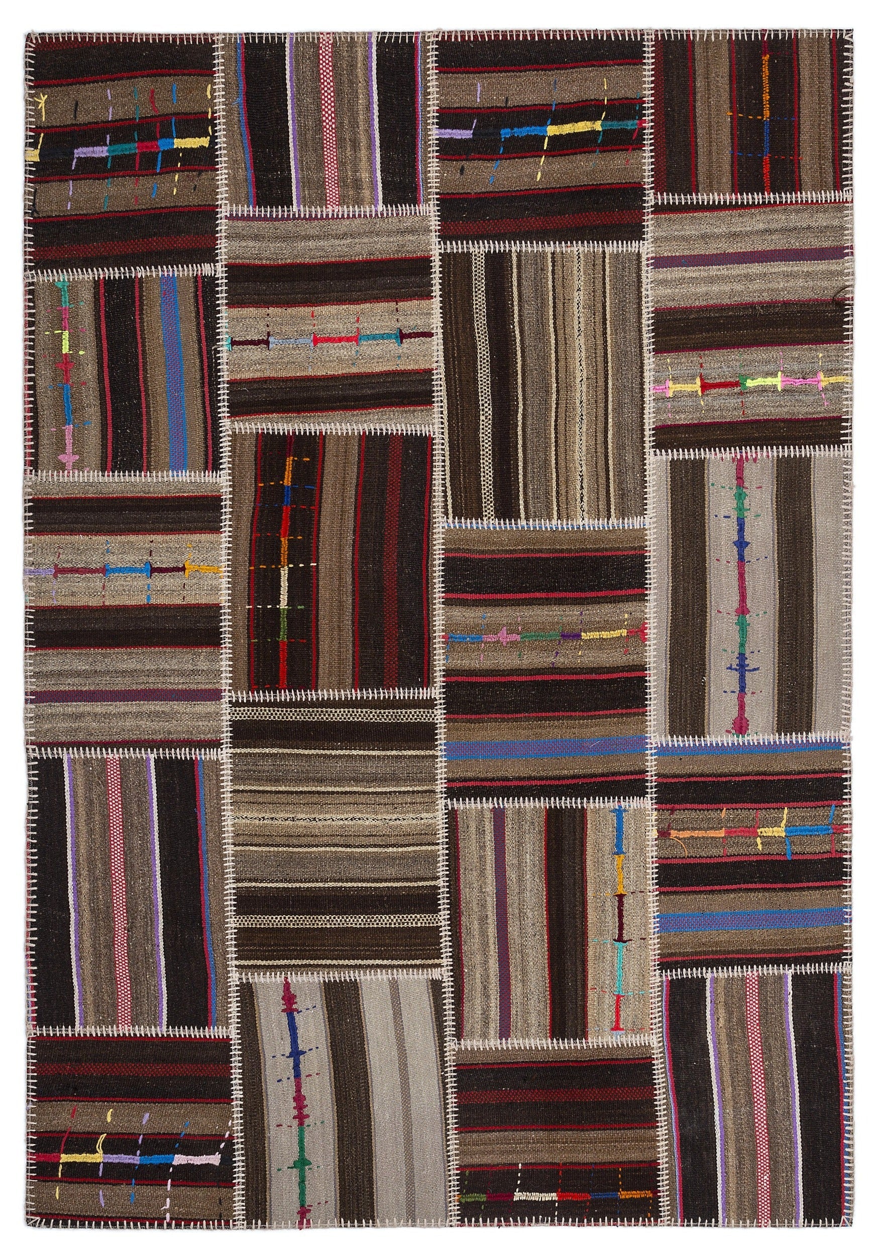 Teselya 2255 Brown Striped Wool Handmade Area Rug 5'3" x 7'7"