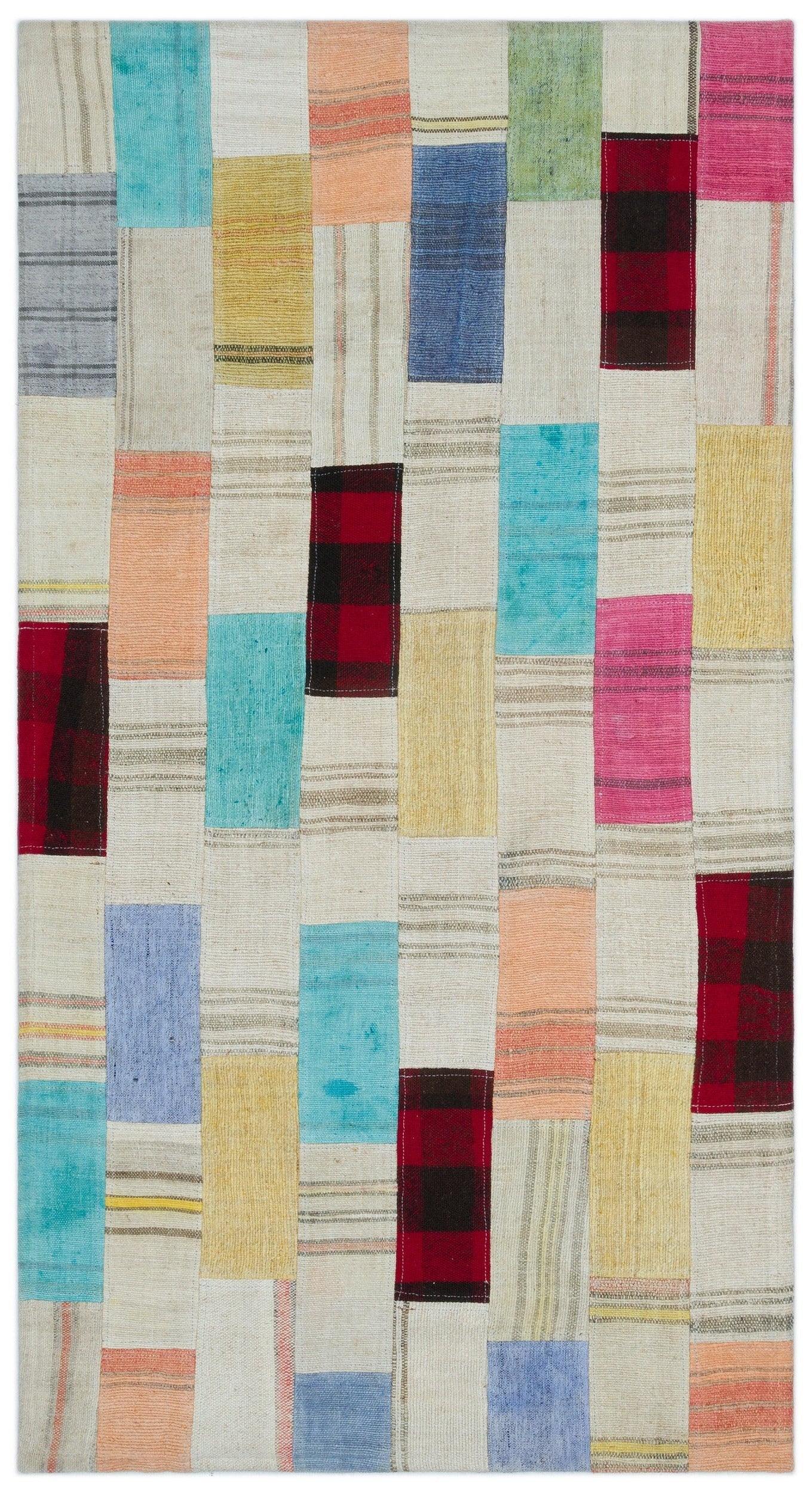 Teselya Beige Patchwork Wool Handmade Area Rug 2'9" x 5'1"