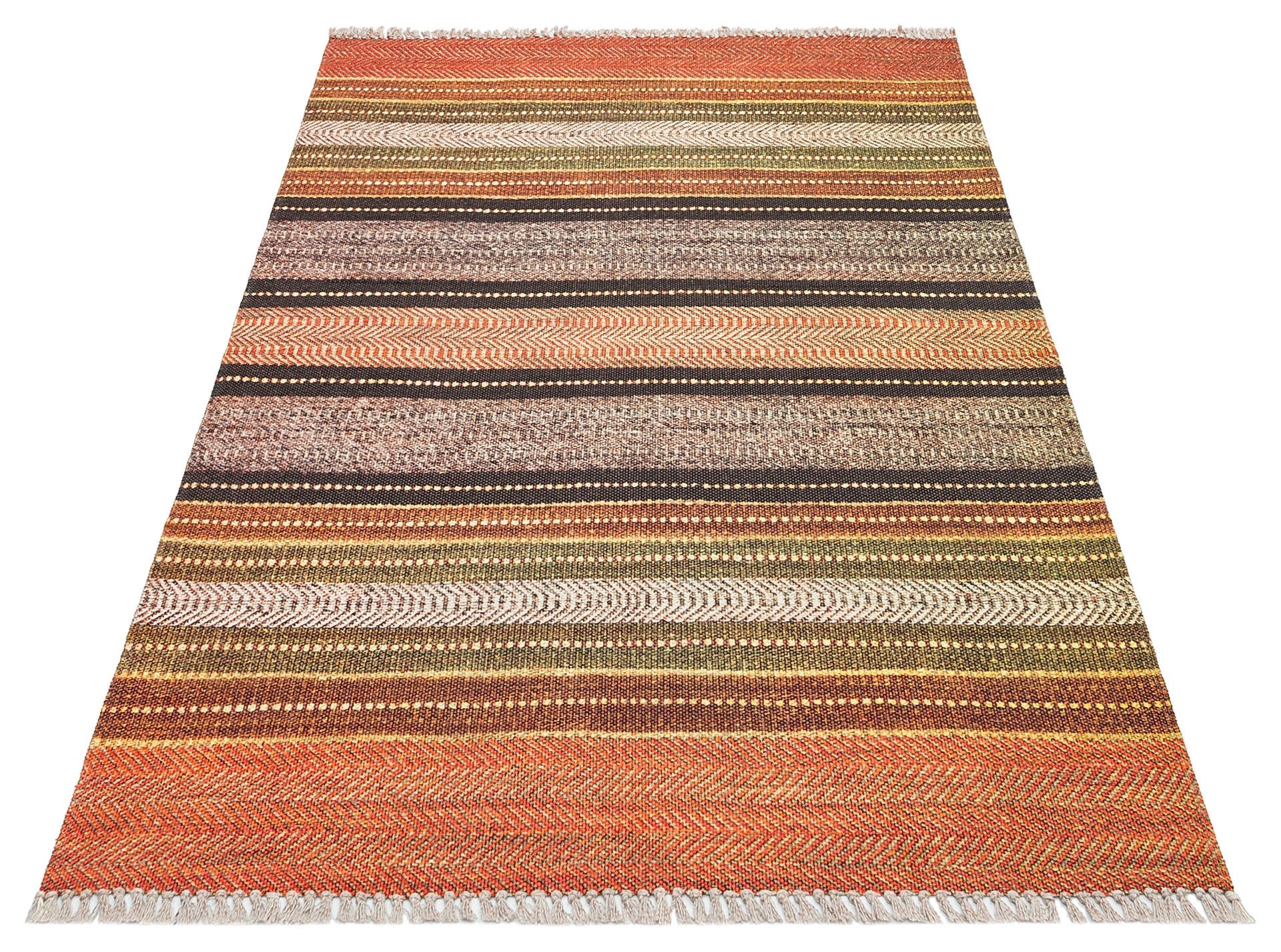 Cotton Washable Kilim – Orange Striped Rug | Fluff Resistant, Double Sided Mat