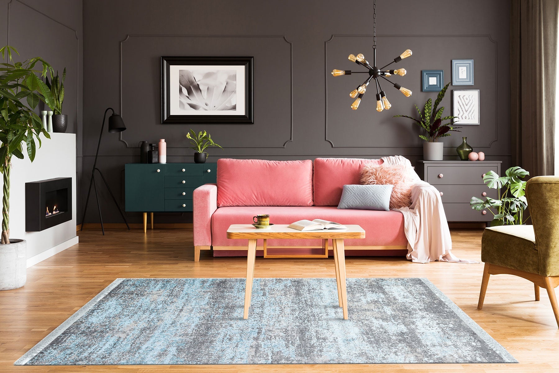 Blue Vintage Area Rug – Machine Made Rug | Washable Non Slip Flatweave Carpet