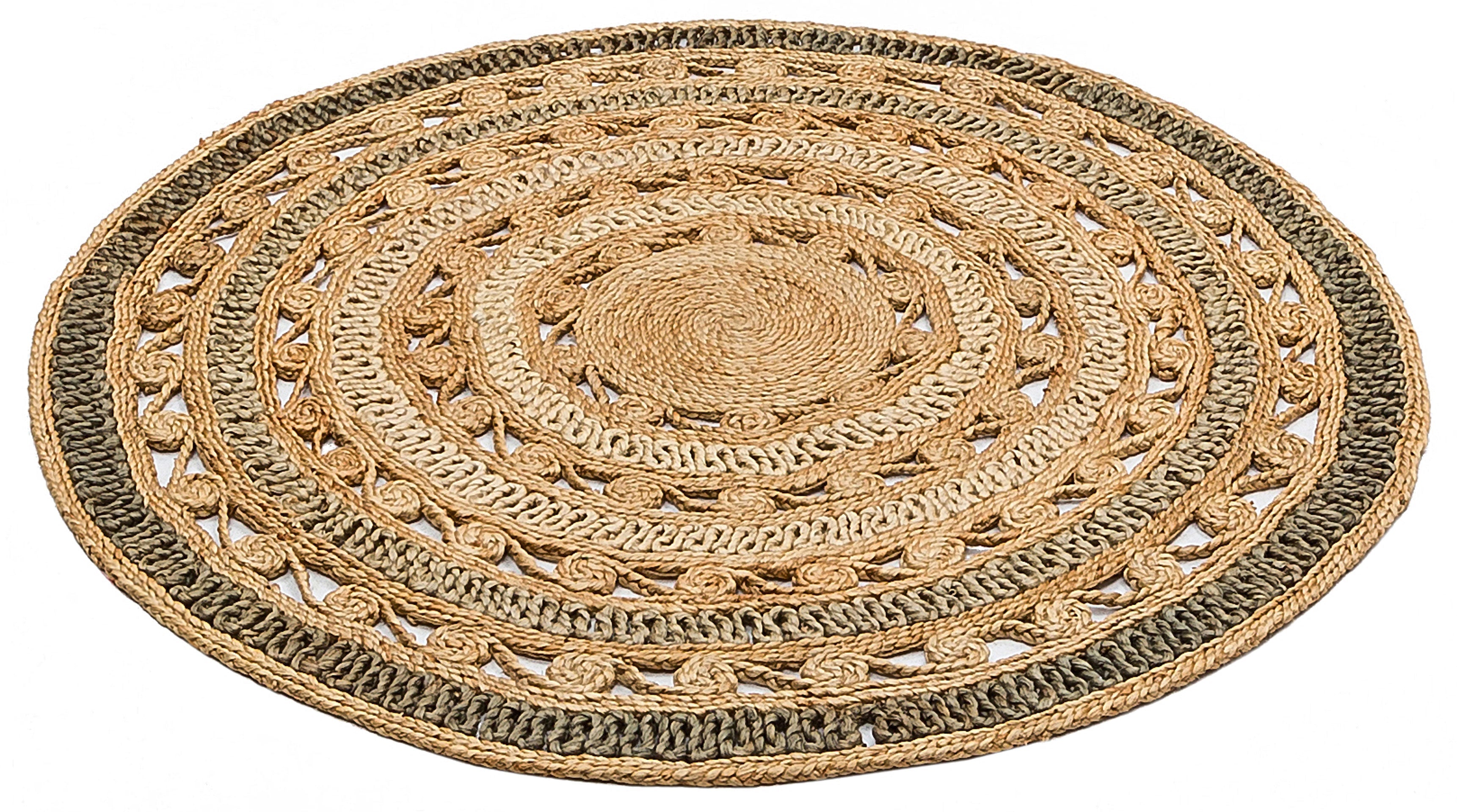 Beige Jute Rug – Round Geometric Hand Woven Natural Fiber Carpet, Soft Texture
