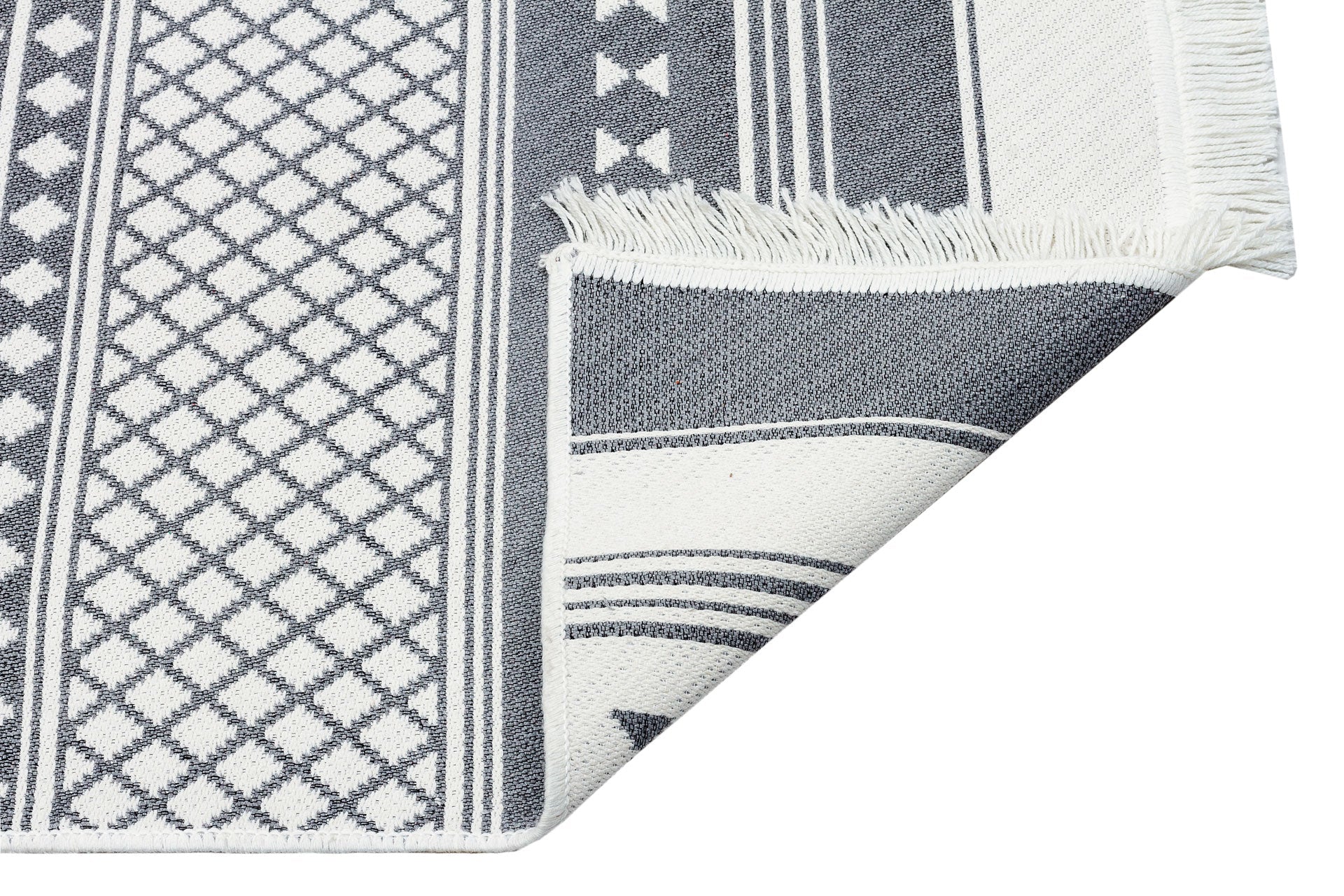 Grey Geometric Kilim Rug – Cotton Woven Washable Double Sided Area Rug