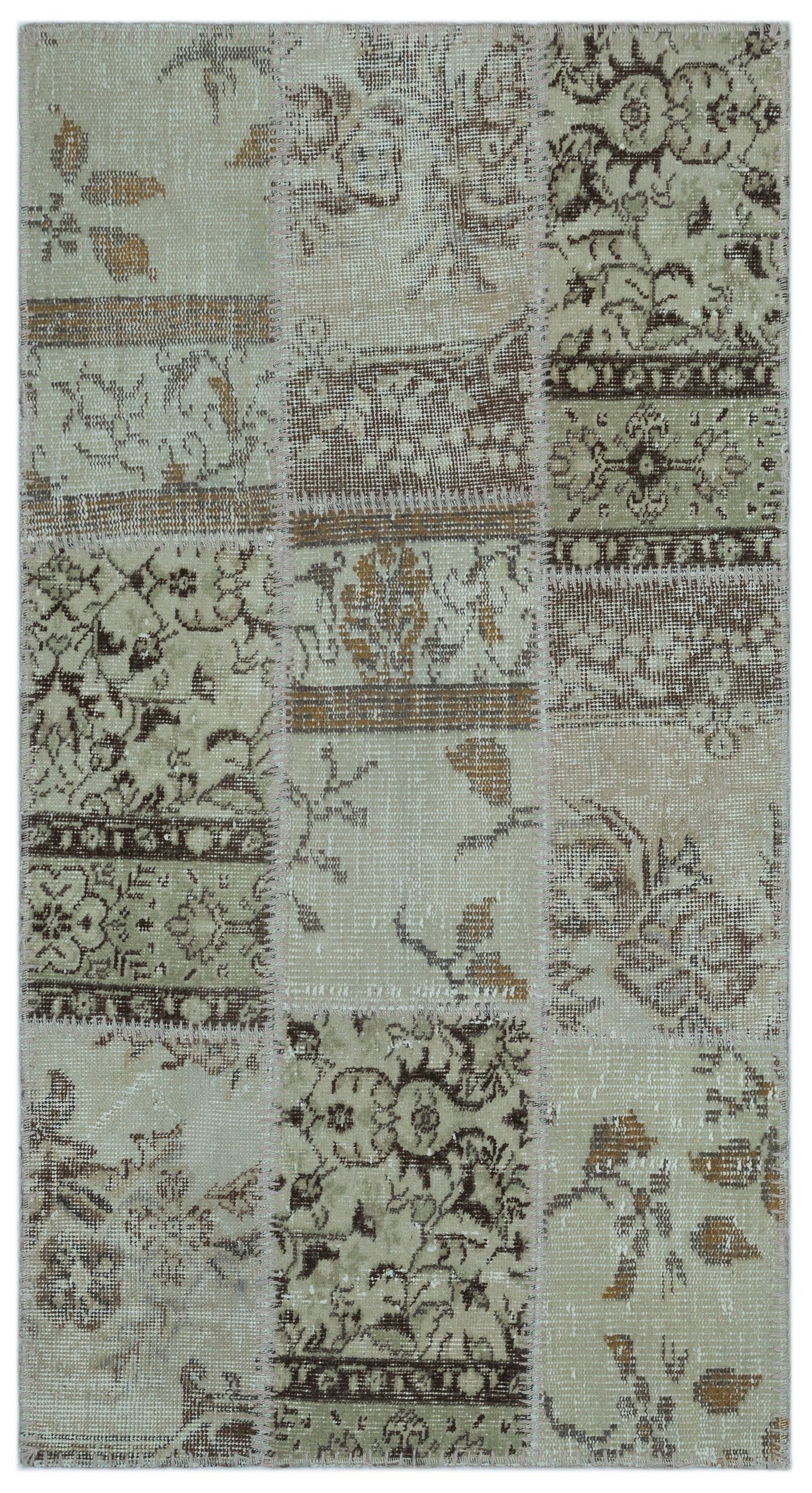 Iskece 24647 Beige Patchwork Wool Handmade Area Rug 2'7" x 4'11"
