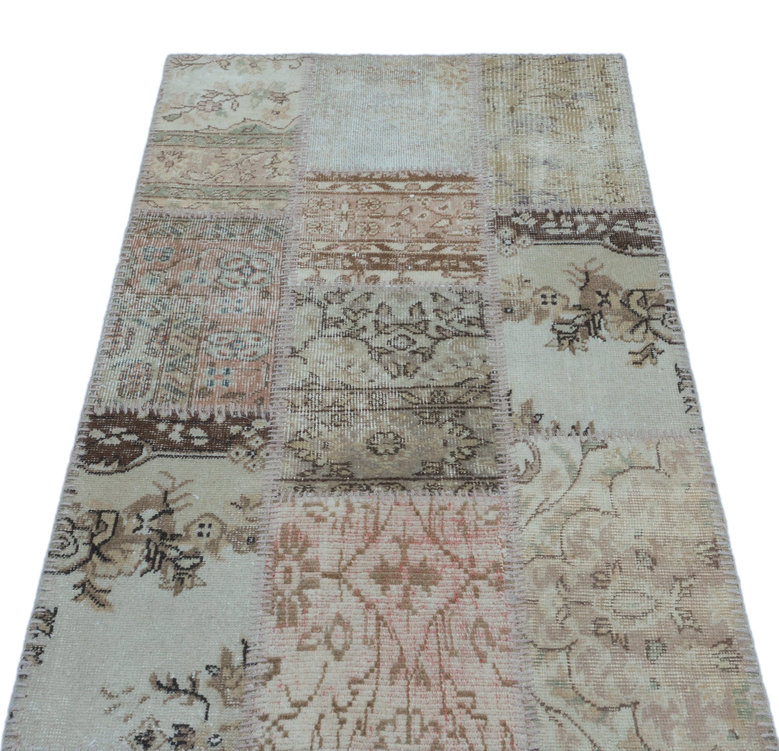 Iskece 24751 Beige Patchwork Wool Handmade Area Rug 2'7" x 4'11"