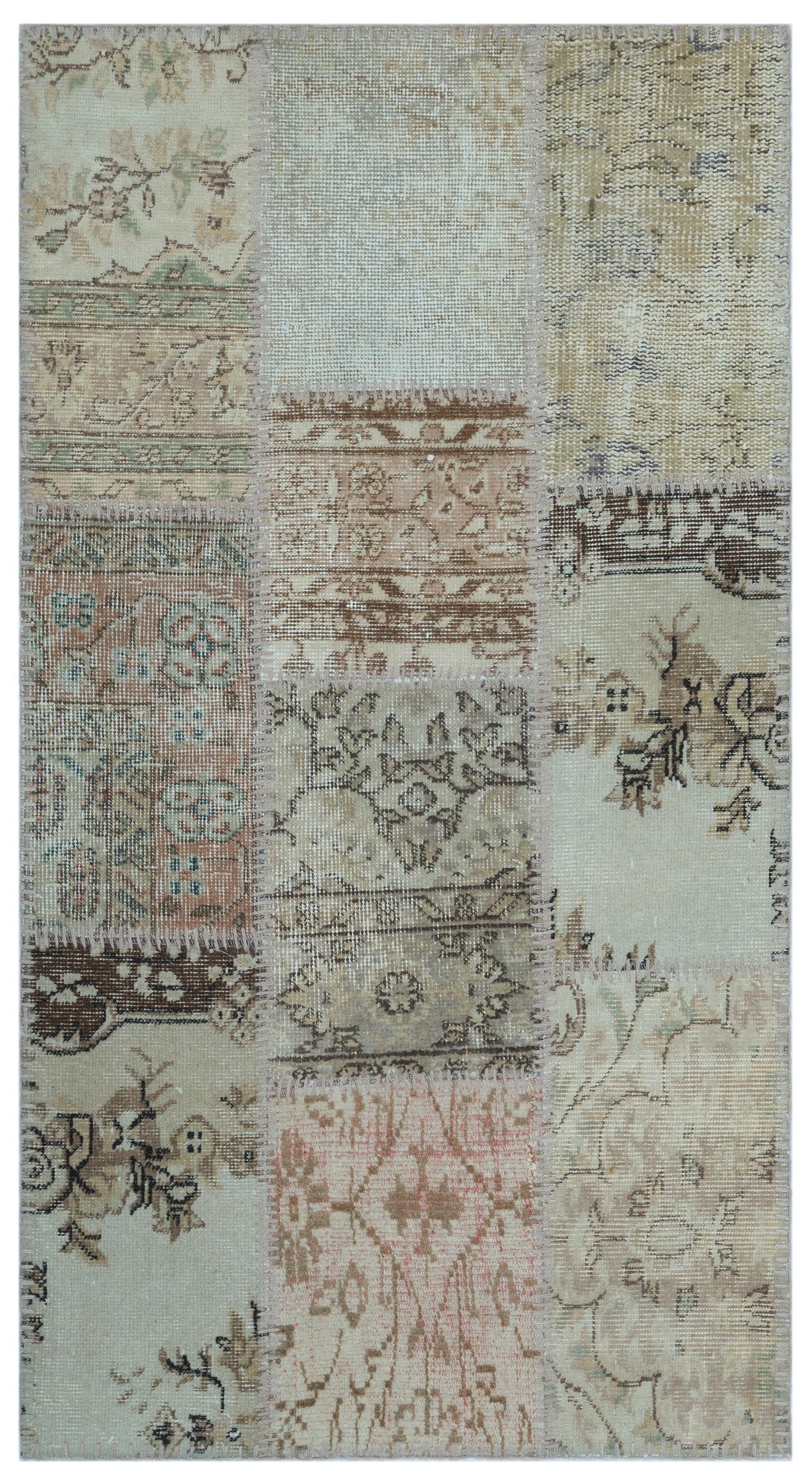 Iskece 24751 Beige Patchwork Wool Handmade Area Rug 2'7" x 4'11"