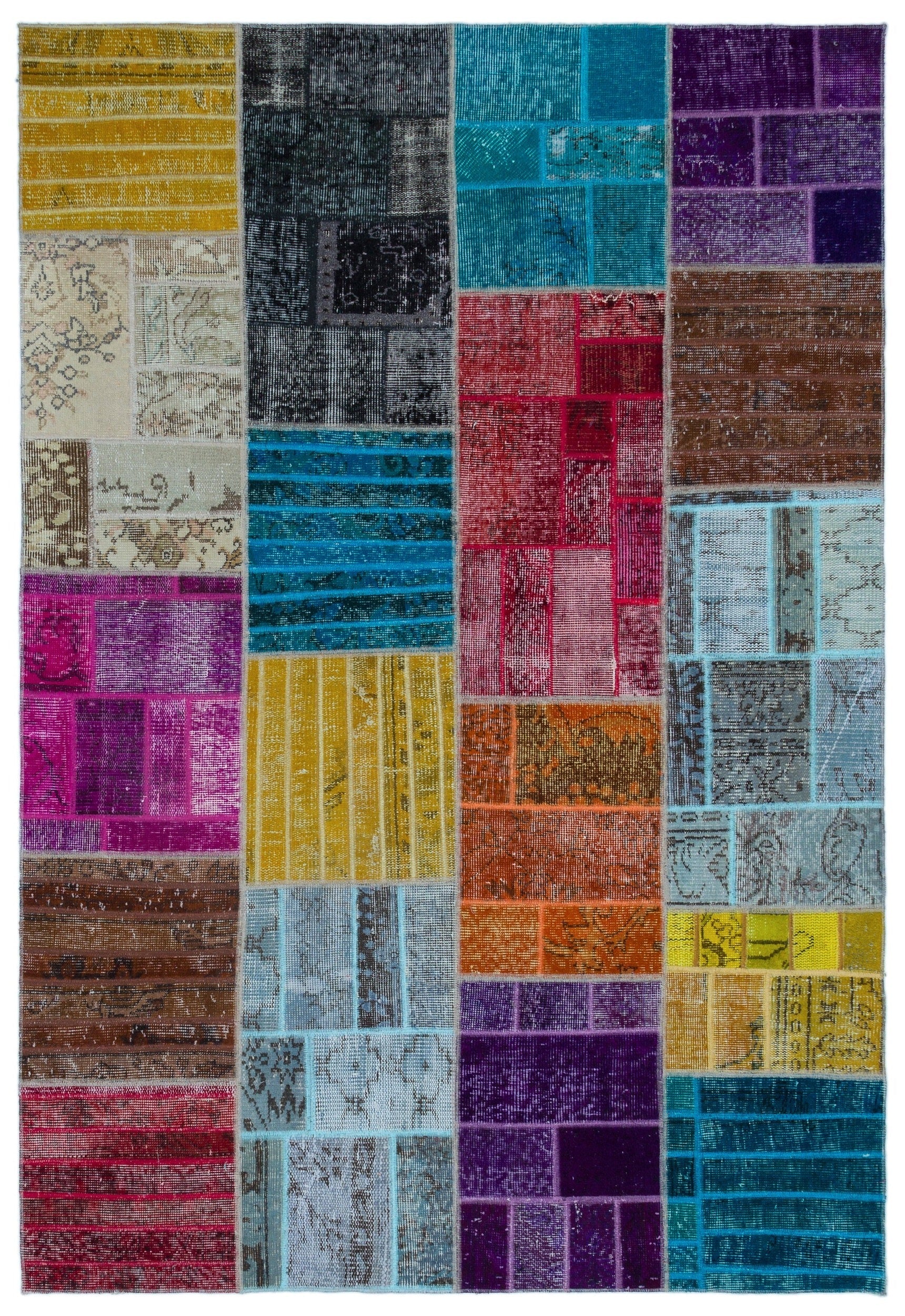 Iskece 24857 Beige Patchwork Wool Handmade Area Rug 5'3" x 7'7"