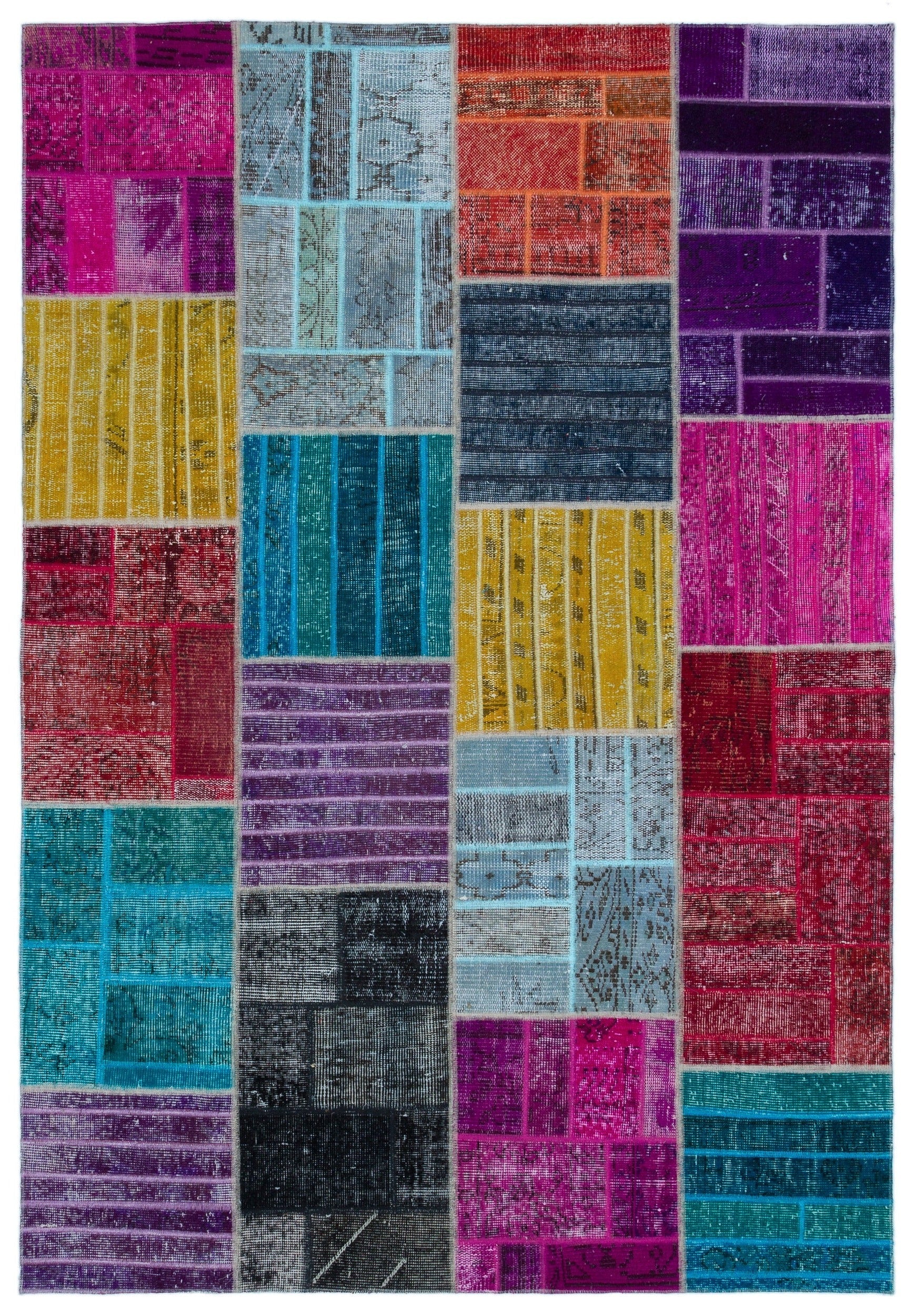 Iskece 24866 Beige Patchwork Wool Handmade Area Rug 5'3" x 7'7"