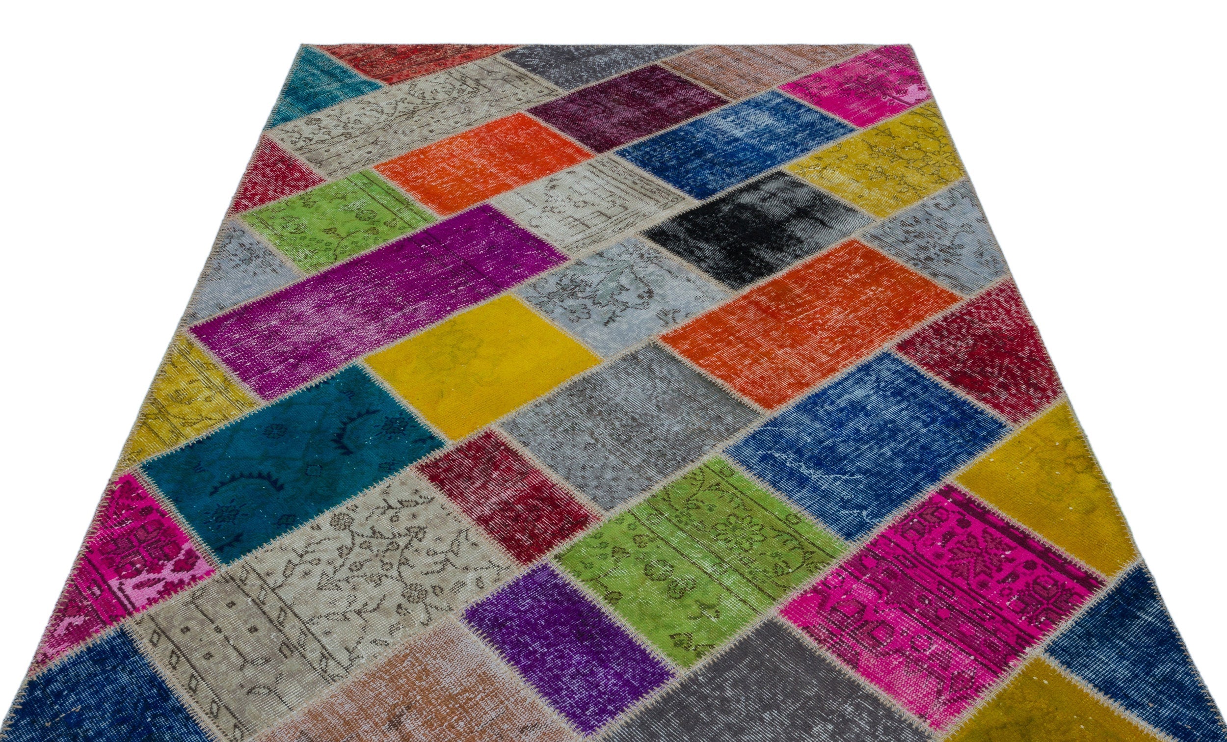Iskece 24921 Beige Patchwork Wool Handmade Area Rug 5'3" x 7'7"