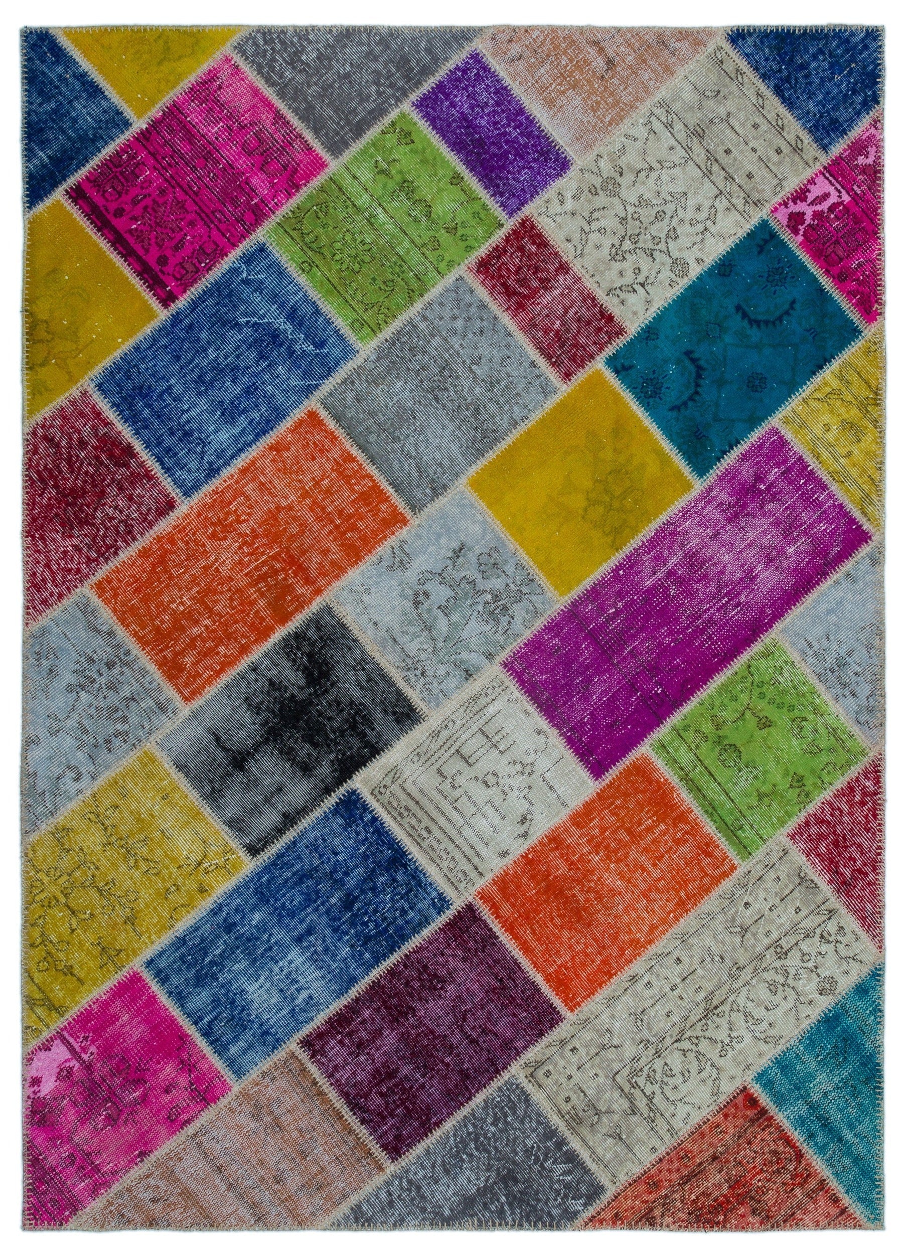 Iskece 24921 Beige Patchwork Wool Handmade Area Rug 5'3" x 7'7"