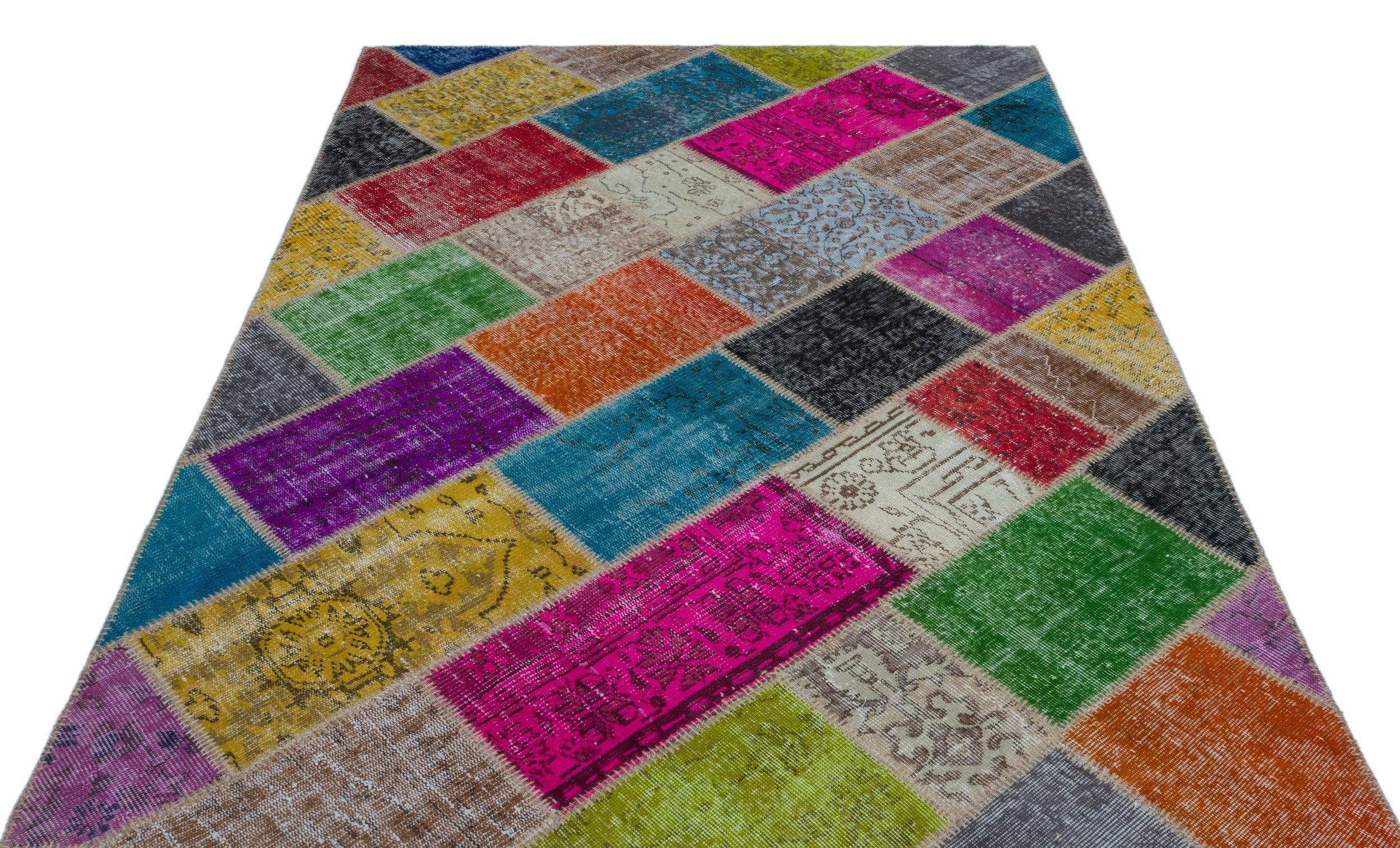 Iskece 24931 Beige Patchwork Wool Handmade Area Rug 5'3" x 7'7"