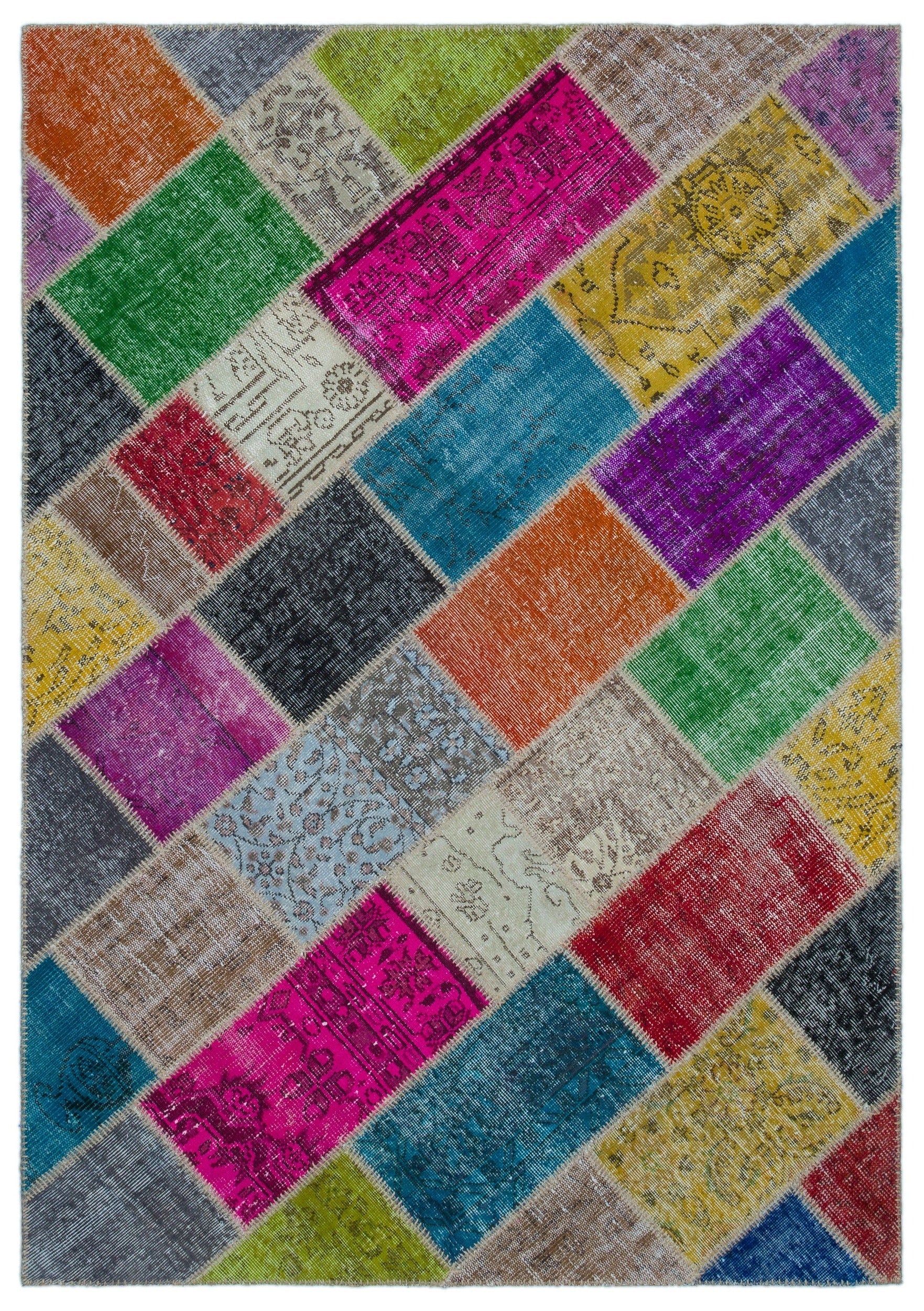 Iskece 24931 Beige Patchwork Wool Handmade Area Rug 5'3" x 7'7"
