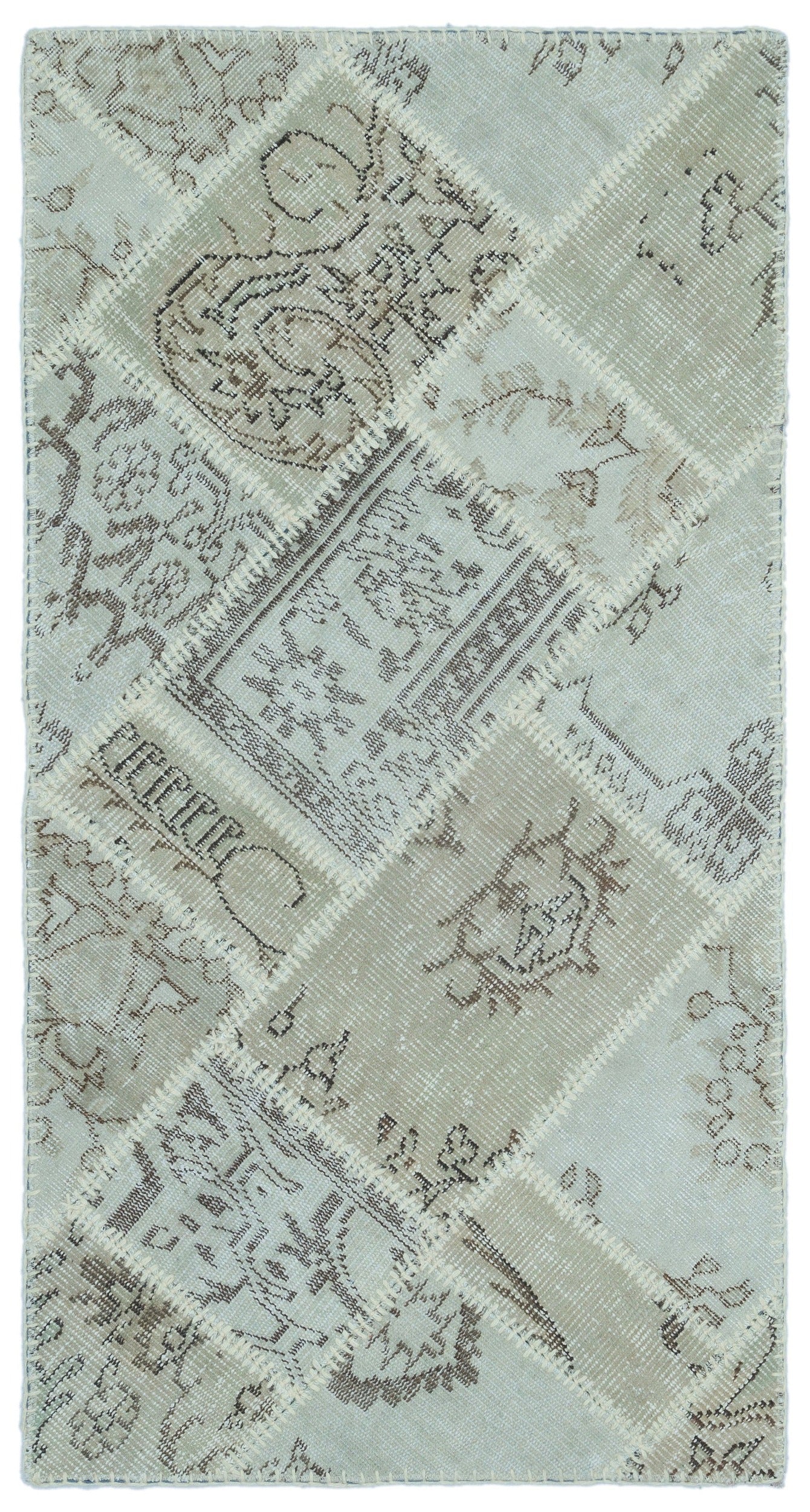 Iskece 25059 Beige Patchwork Wool Handmade Area Rug 2'7" x 4'11"