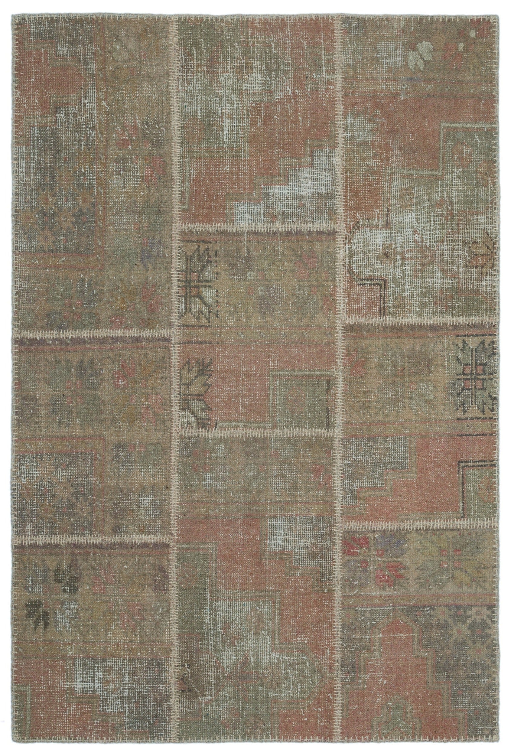 Iskece 25181 Beige Patchwork Wool Handmade Area Rug 3'11" x 5'11"