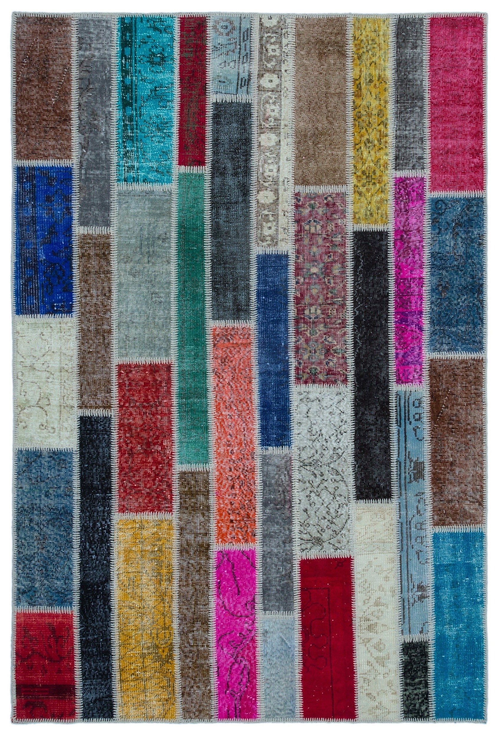 Iskece Beige Patchwork Wool Handmade Area Rug 5'2" x 7'8"