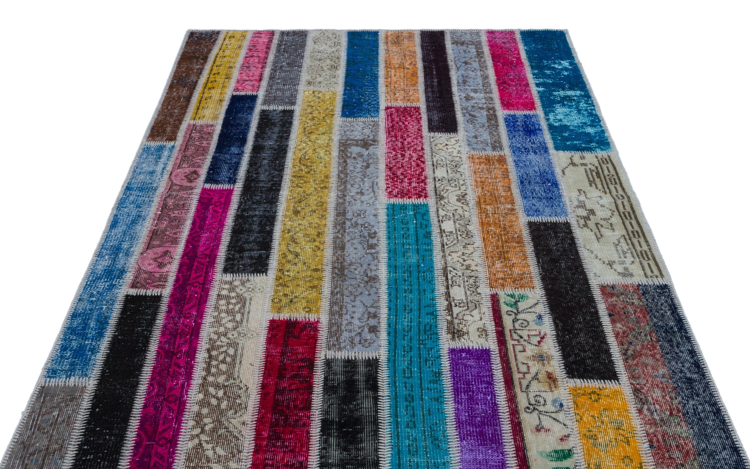 Iskece Beige Patchwork Wool Handmade Area Rug 5'1" x 7'9"